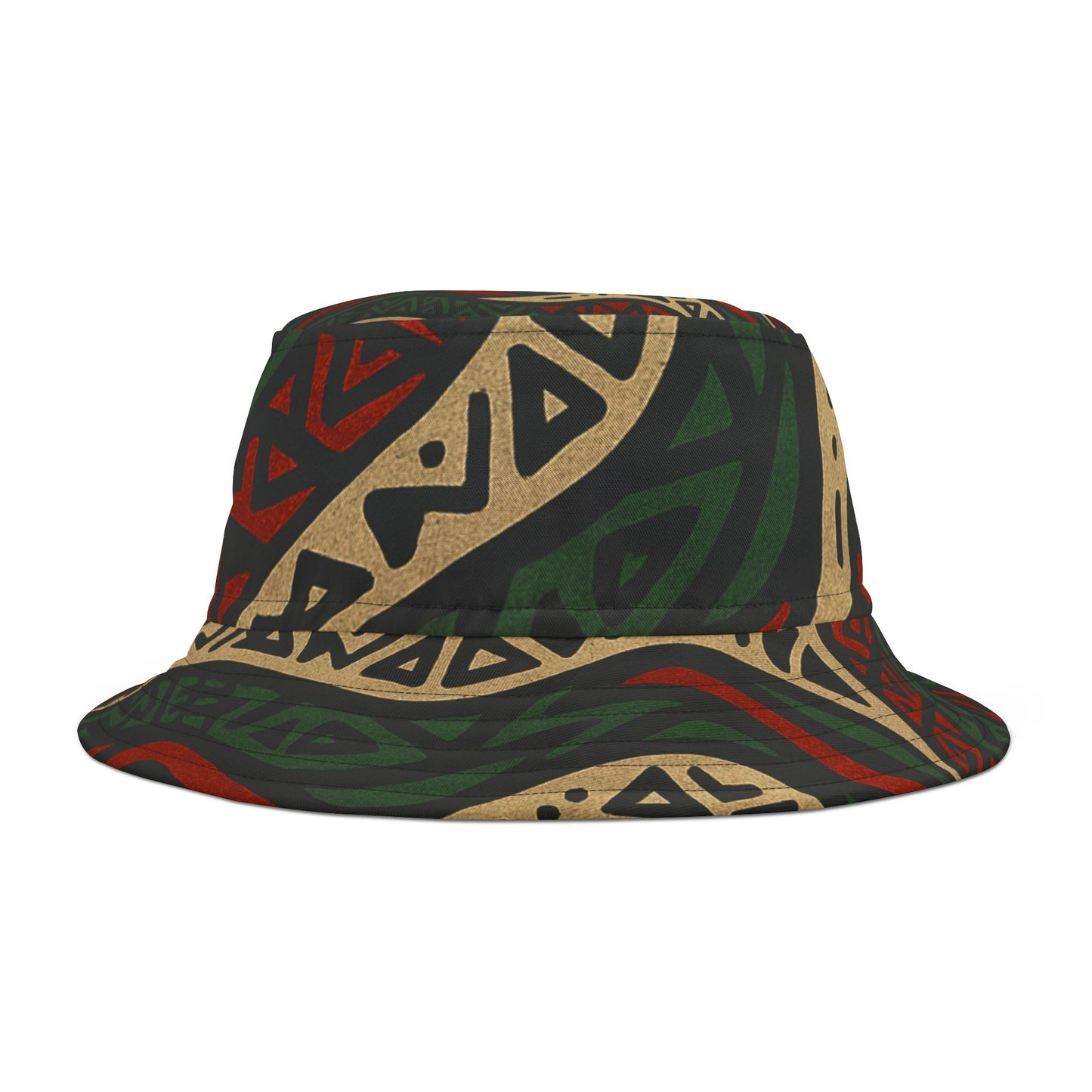 ATCQ Bucket Hat showcasing full wraparound tribal pattern. Available in two sizes, great for gifting and enhancing streetwear style.