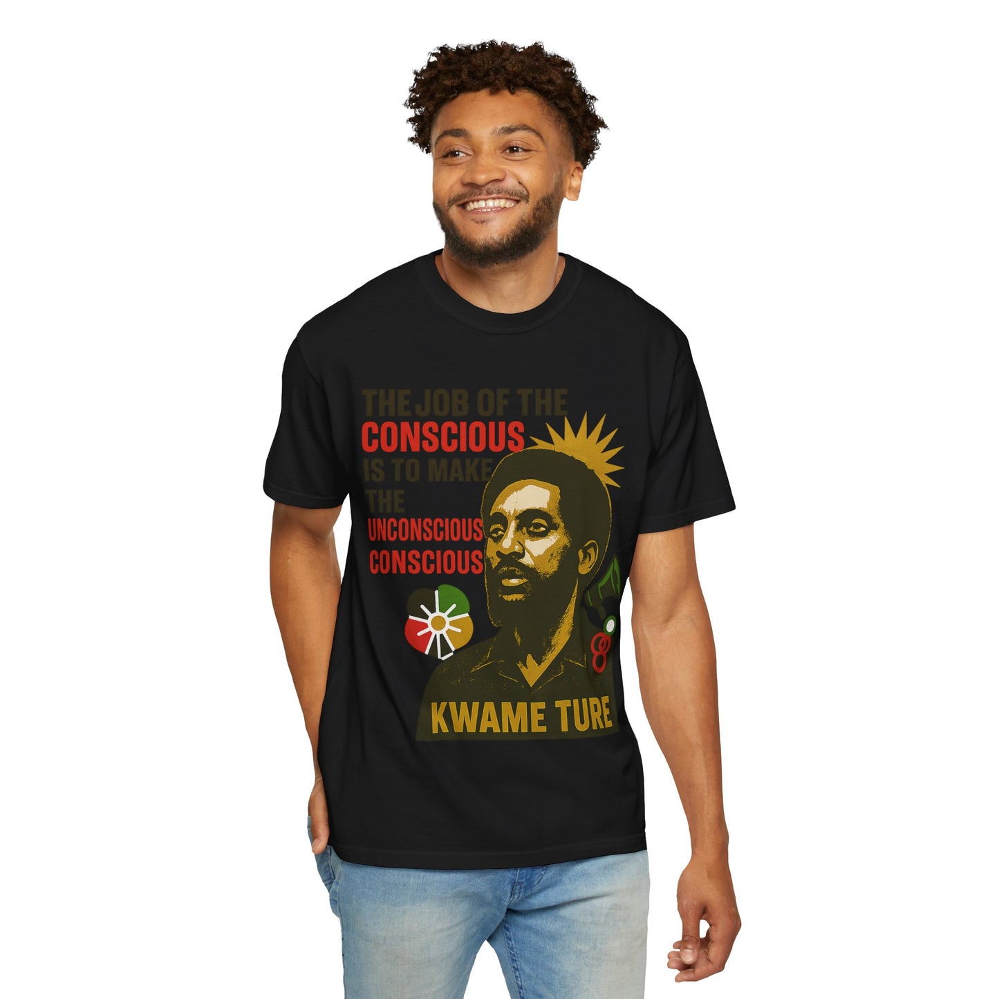 Model wearing black Kwame Ture Tee, combining cultural pride and fashion with a bold statement print in a relaxed fit.