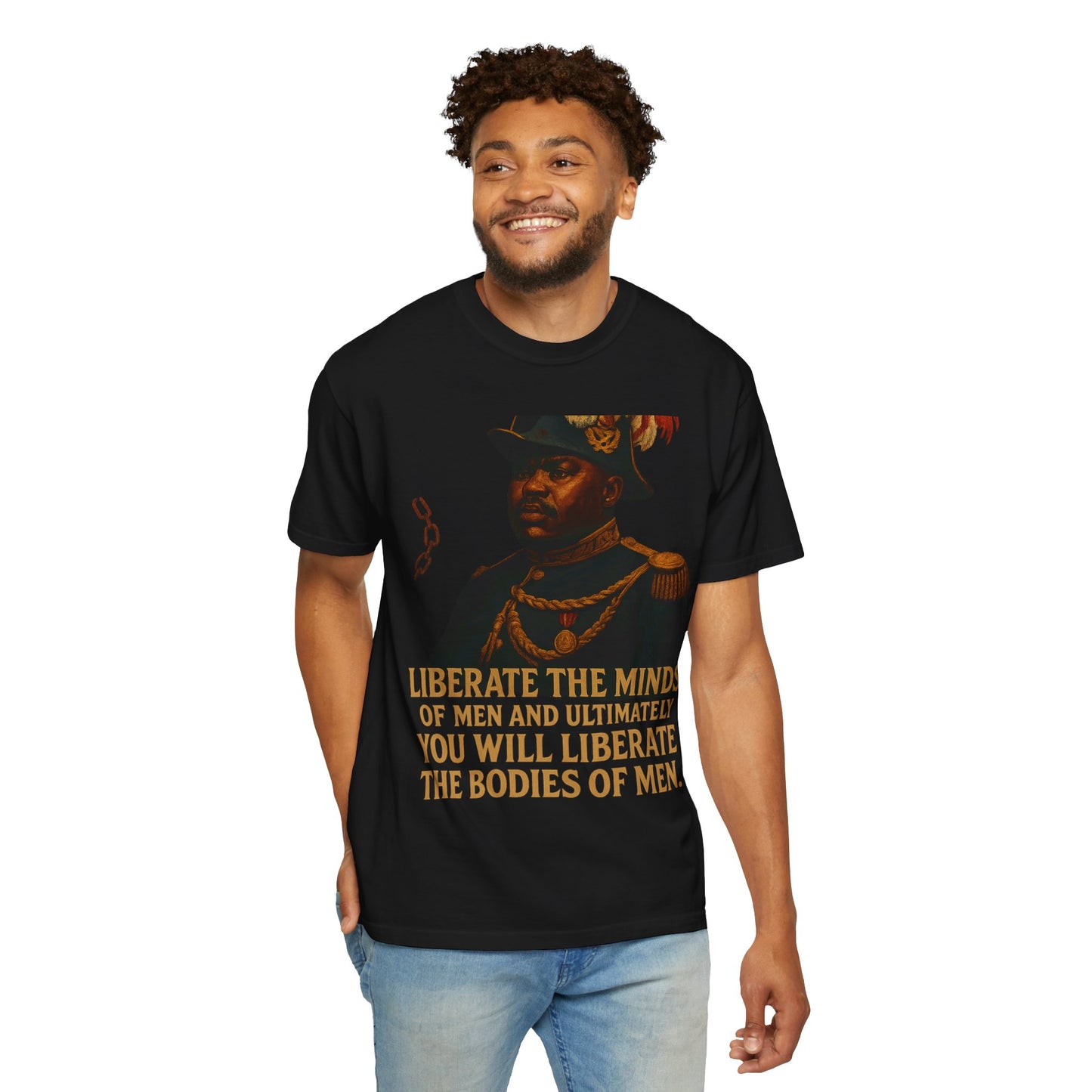 Model in black Marcus Garvey Tee - Unisex Garment-Dyed T-shirt, featuring bold design and soft cotton fabric for stylish motivational apparel.