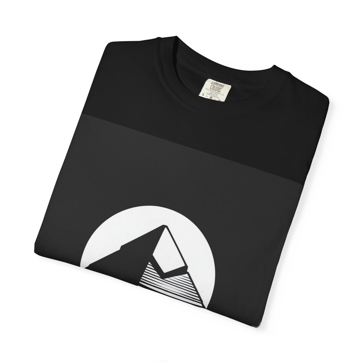 Folded black Khemistry T-shirt with striking pyramid and sun design, ideal for spiritual thinkers and premium streetwear fans.