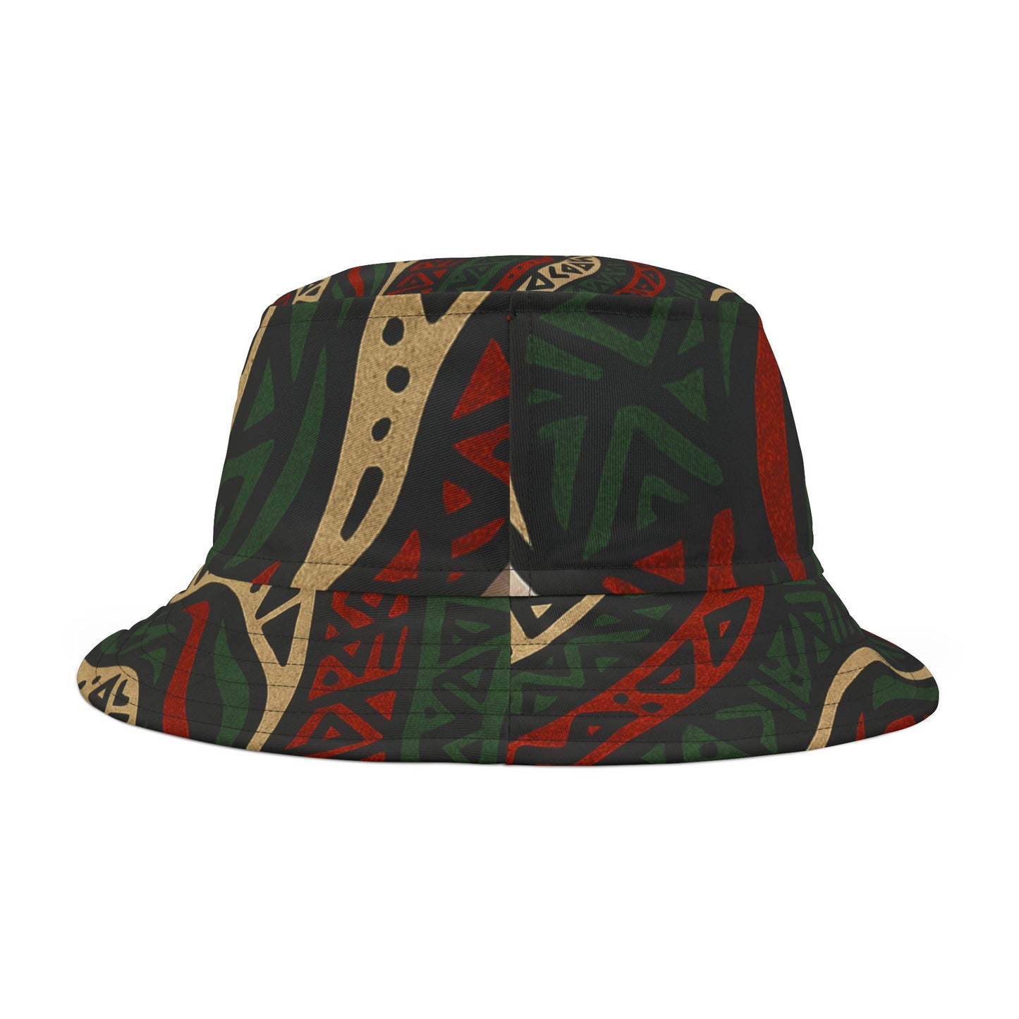 Back view of ATCQ Bucket Hat with unique boho chic print in red, green, and tan. A stylish summer accessory for casual and hipster looks.