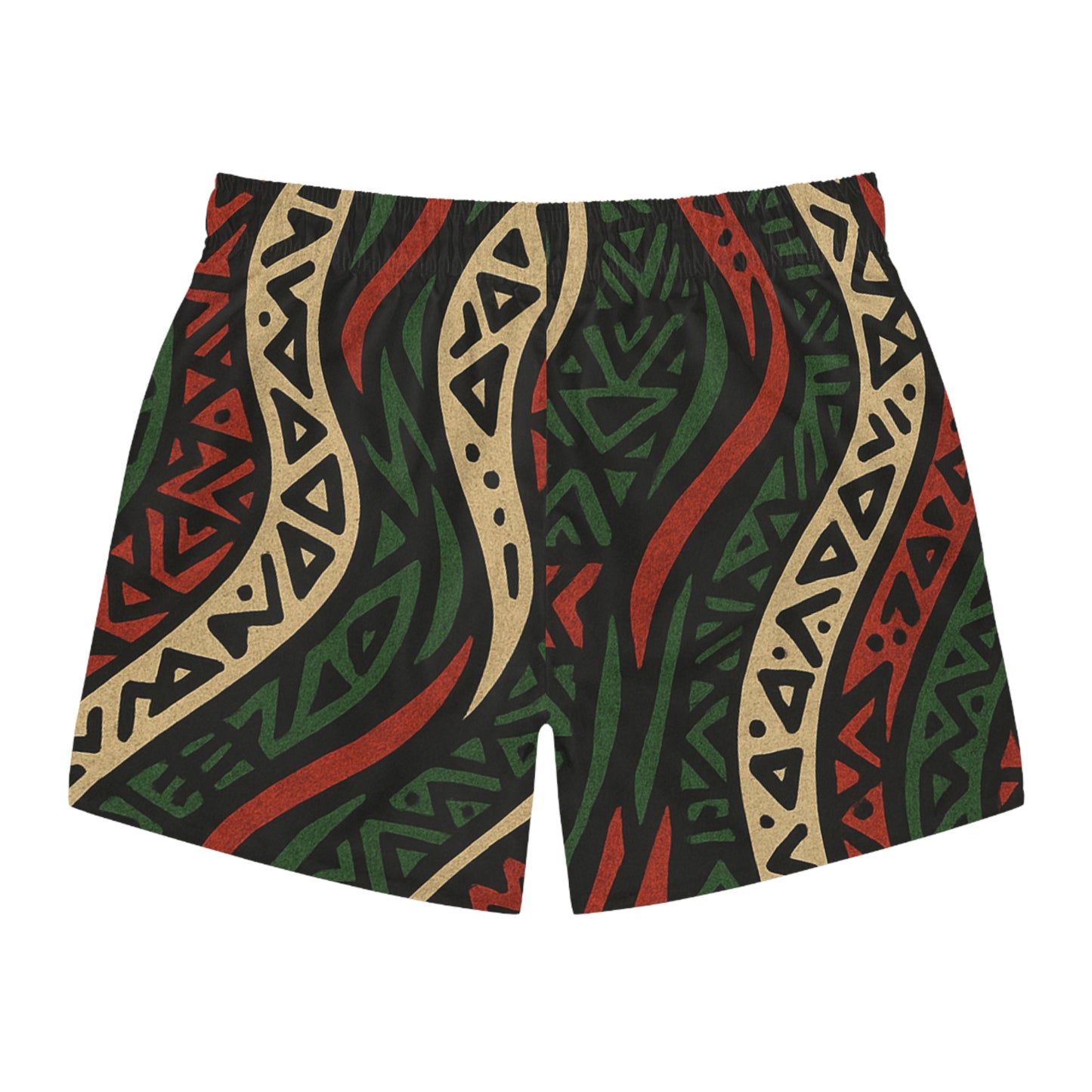 ATCQ Swim Trunks - Vibrant Swim Trunks with tribal-inspired red, green, and beige patterns. Quick-dry fabric ideal for beach or pool wear.
