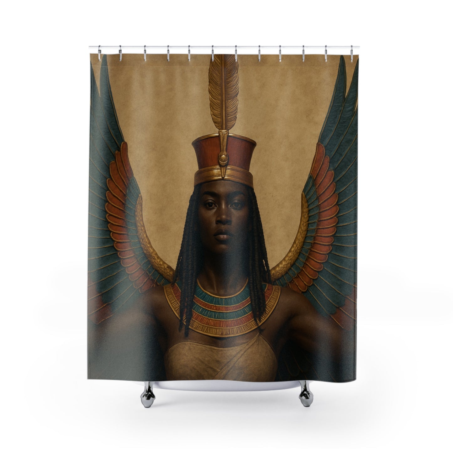 Ma'at Shower Curtain - Artistic Bathroom Upgrade featuring a regal depiction of the Egyptian goddess Ma'at with colorful wings and traditional headdress.
