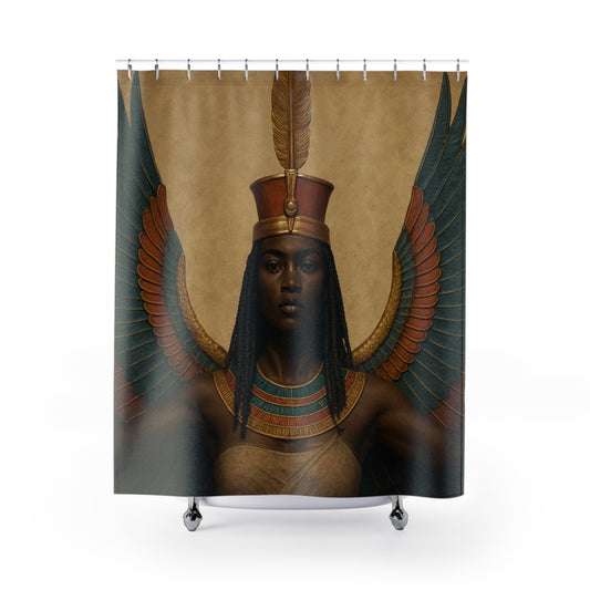 Ma'at Shower Curtain - Artistic Bathroom Upgrade featuring a regal depiction of the Egyptian goddess Ma'at with colorful wings and traditional headdress.