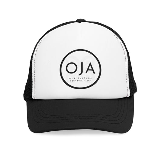 Oja Mesh Snapback Cap - Fashion Fit in black and white with front logo 'OJA Our Kulture Konnection'. Ideal for street style and summer wear.