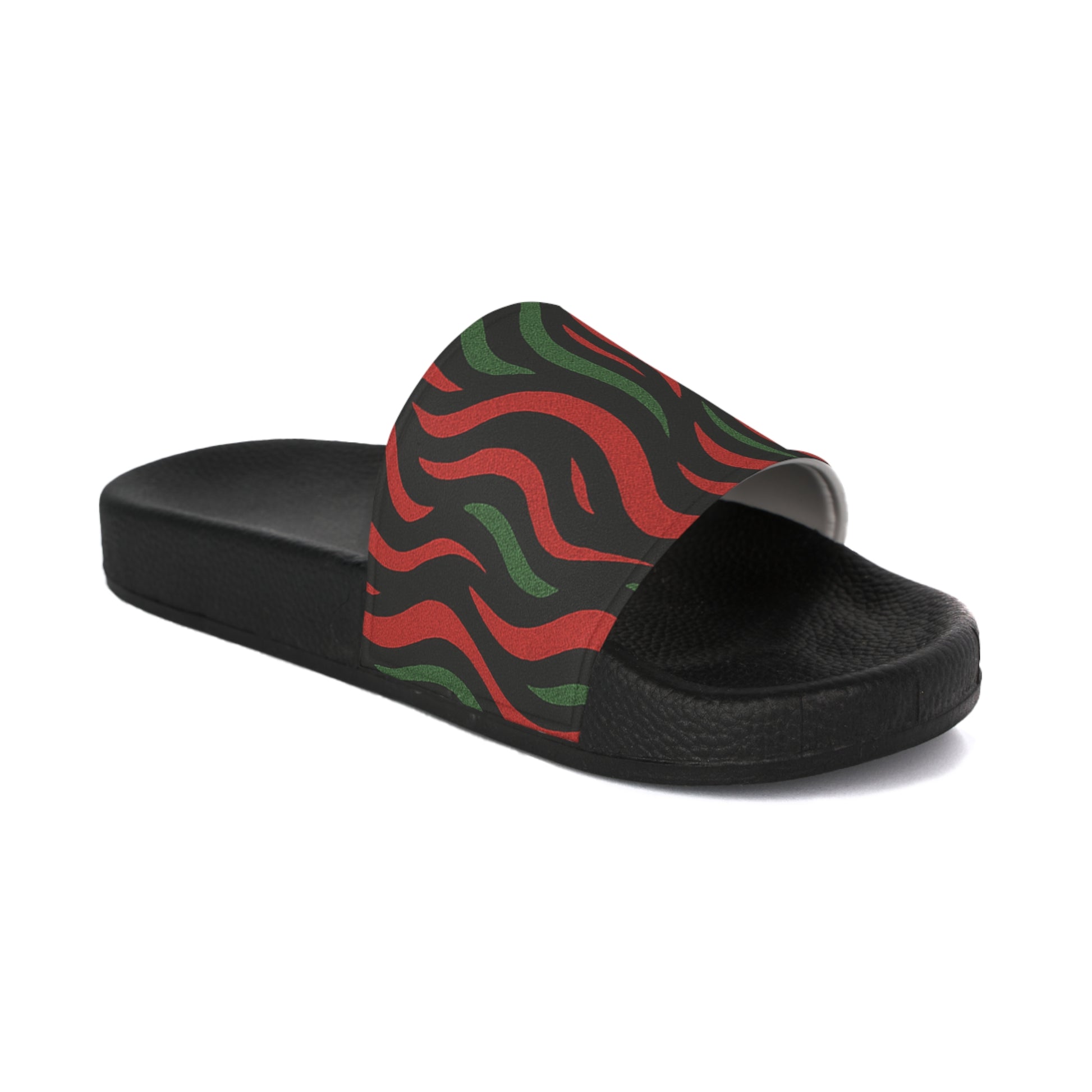 ATCQ Men's Slide - Casual Slide Sandals featuring bold red and green wave design, secure grip sole ideal for beach or poolside wear.