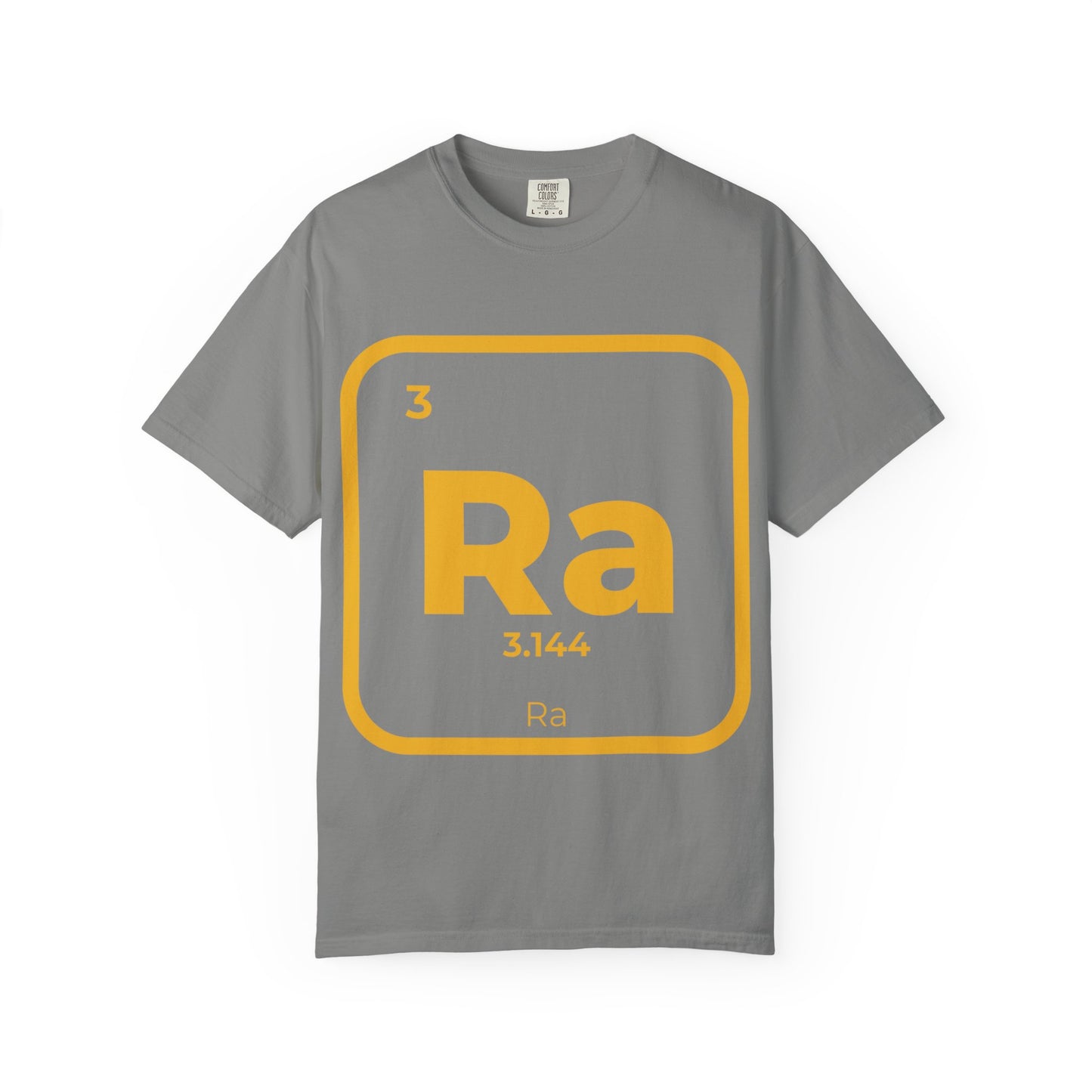 Gray Ra Element T-Shirt with yellow Kemetic element design. Ethically made cotton tee for music lovers and vintage fashion fans.