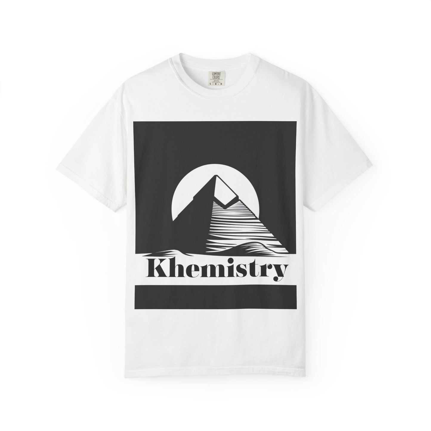 White Khemistry T-shirt with spiritual Giza pyramid design, made from 100% US cotton. Ideal for conscious fashion in premium apparel.