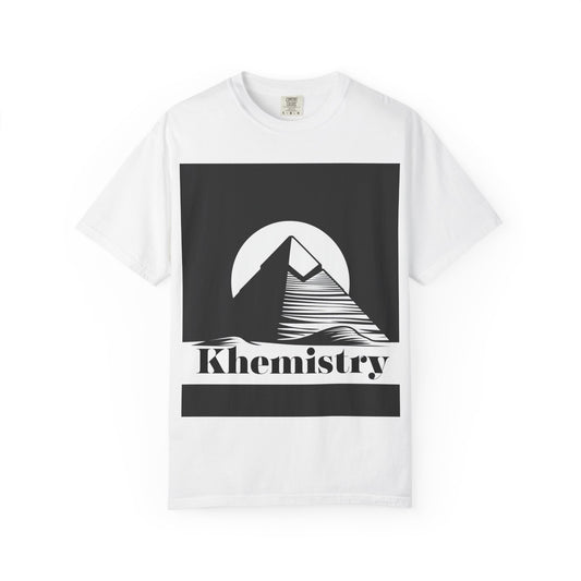 White Khemistry T-shirt with spiritual Giza pyramid design, made from 100% US cotton. Ideal for conscious fashion in premium apparel.