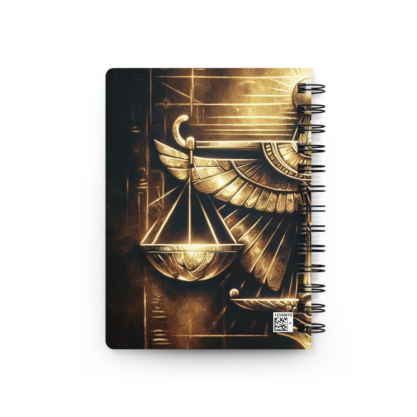 Back cover of Ma'at Spiral Journal featuring a continuation of the golden winged scale motif. Ideal for writing, planning, and note-taking.