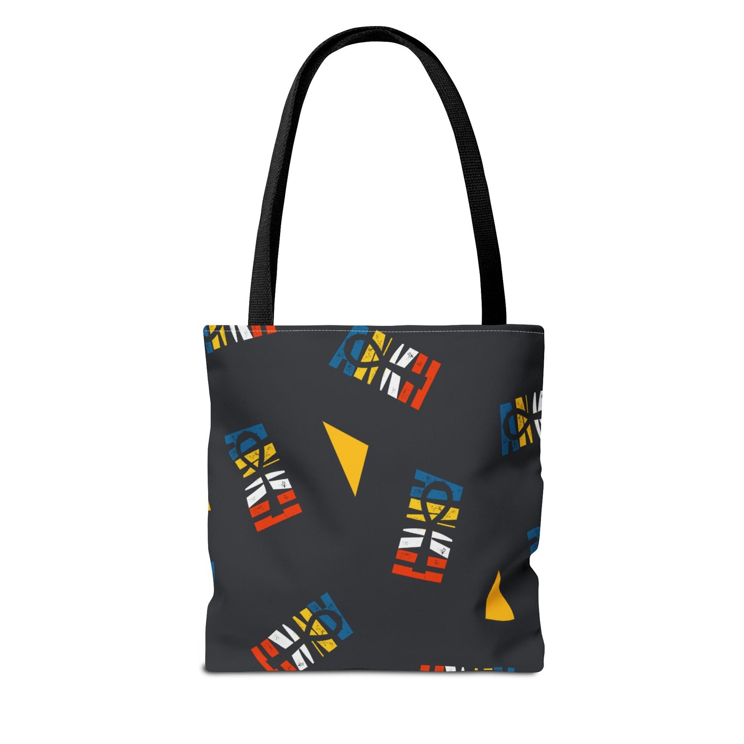 Ankh Life Tote - Durable & Stylish Tote Bag with black handles and scattered colorful Ankh symbols. Perfect for festivals or casual outings.