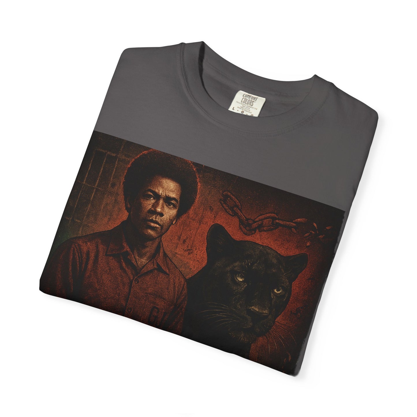 Folded charcoal George Jackson T-Shirt showing detailed graphic of George Jackson and black panther with prison bars and chains. Revolutionary apparel.