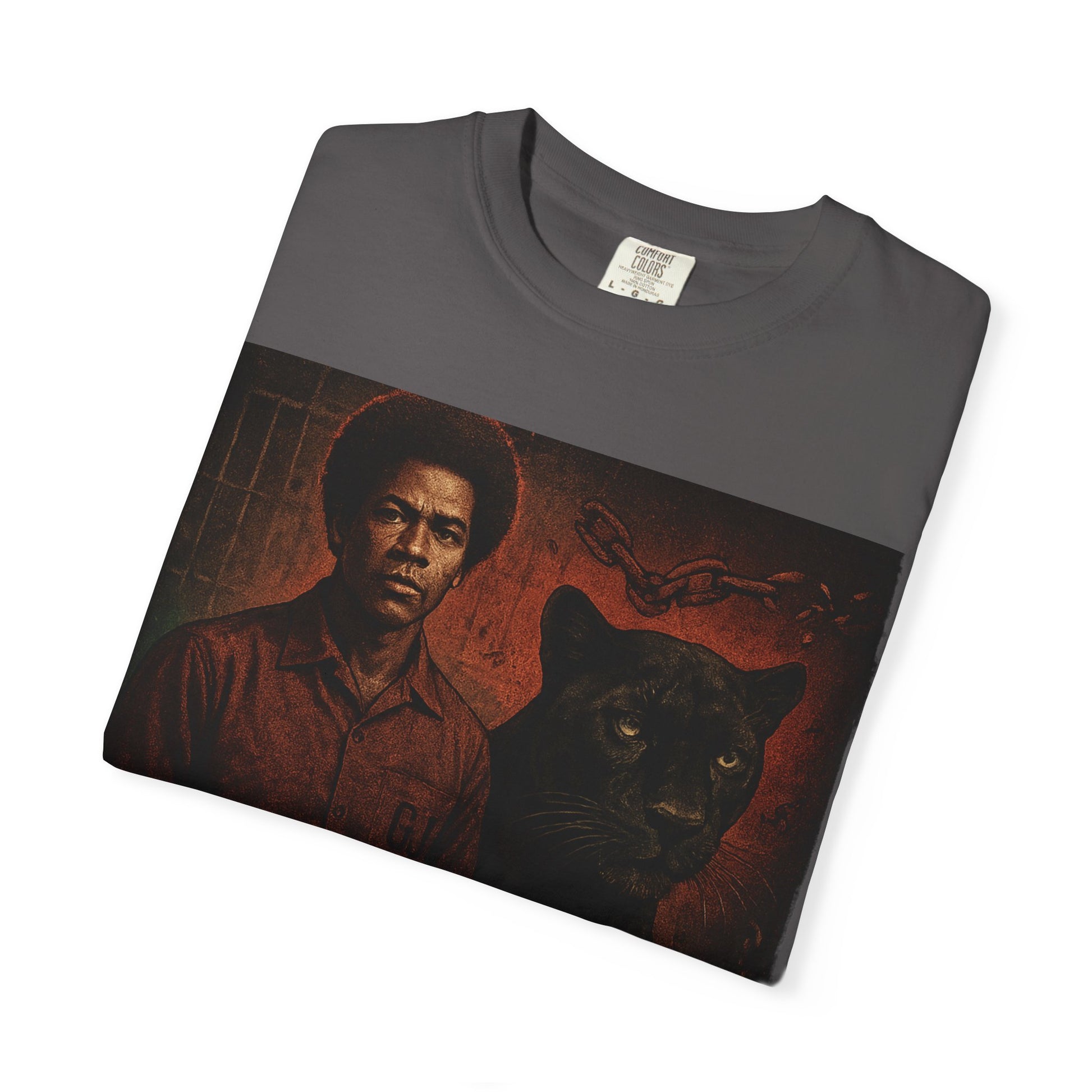 Folded charcoal George Jackson T-Shirt showing detailed graphic of George Jackson and black panther with prison bars and chains. Revolutionary apparel.