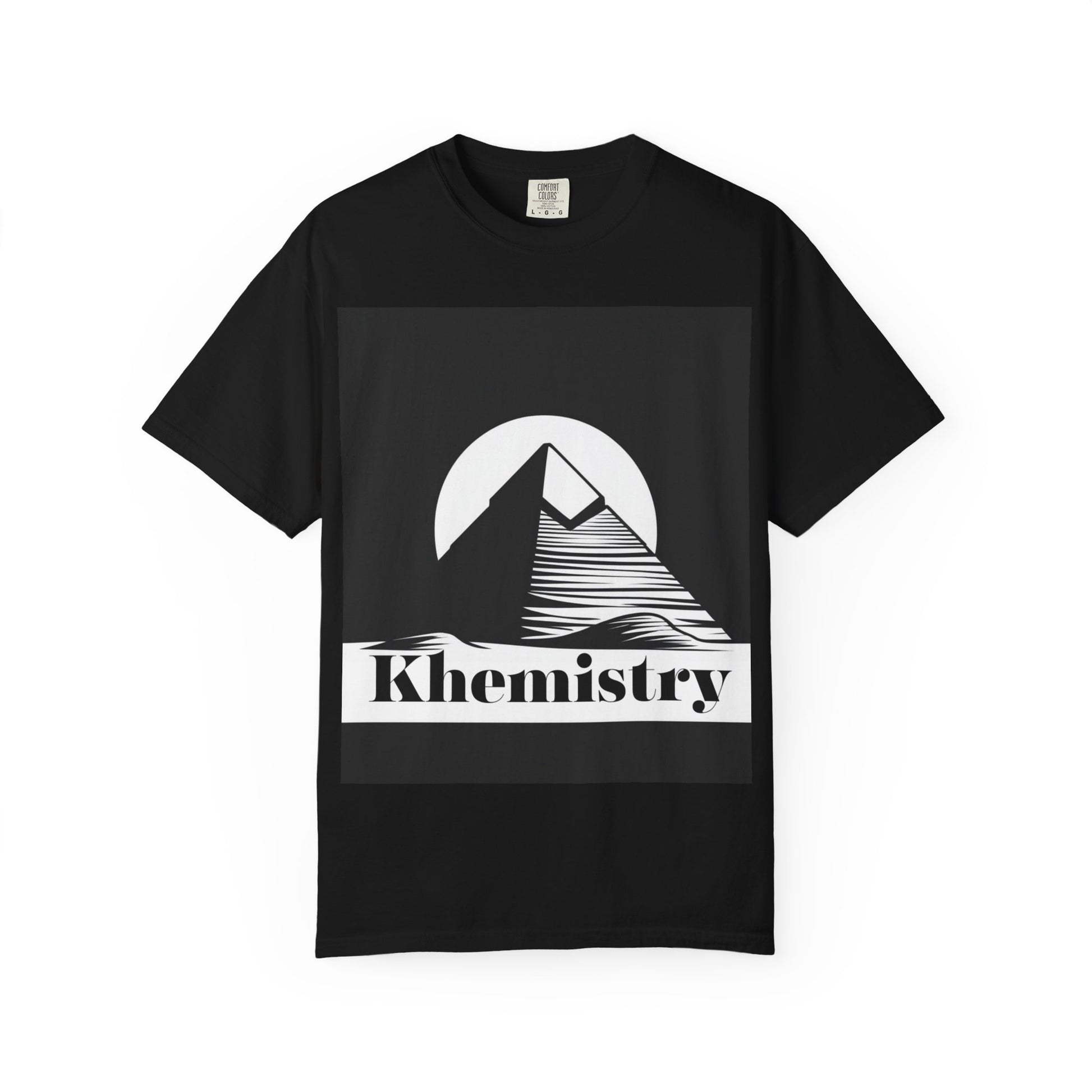 Black Khemistry T-shirt with white pyramid and sun graphic, blending spiritual symbolism with premium cotton streetwear appeal.