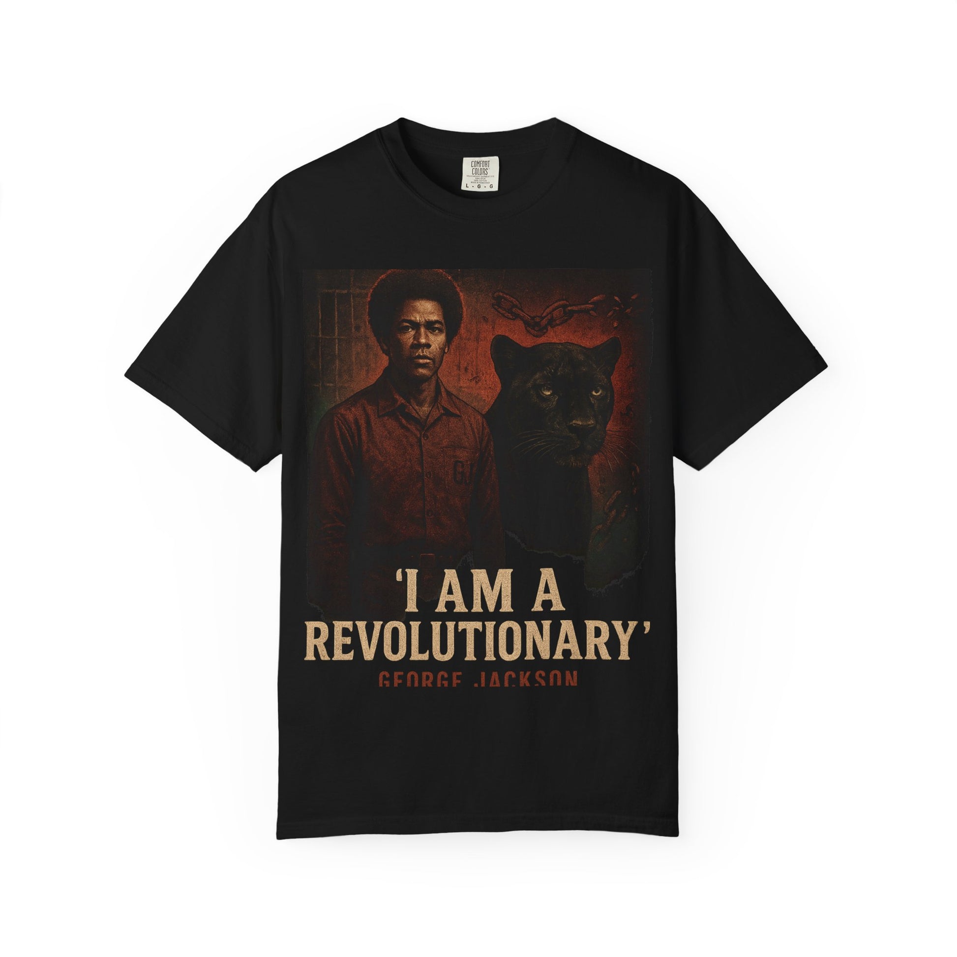 Black George Jackson Revolutionary T-Shirt with powerful activist design and vintage-style artwork. Made from soft, durable 100% cotton.