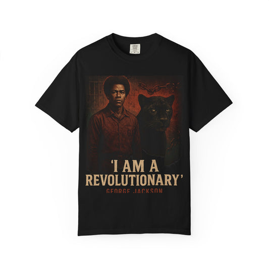 Black George Jackson Revolutionary T-Shirt with powerful activist design and vintage-style artwork. Made from soft, durable 100% cotton.