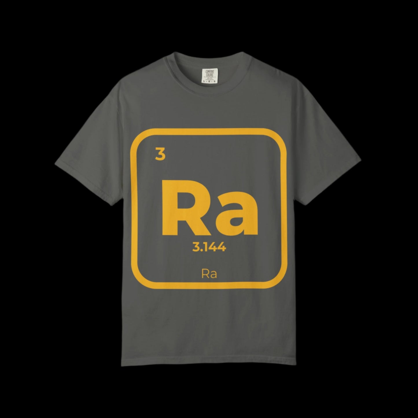 Charcoal Ra Element T-Shirt on black background showcasing yellow Kemetic element print. Stylish 100% cotton tee for casual and DJ-themed looks.