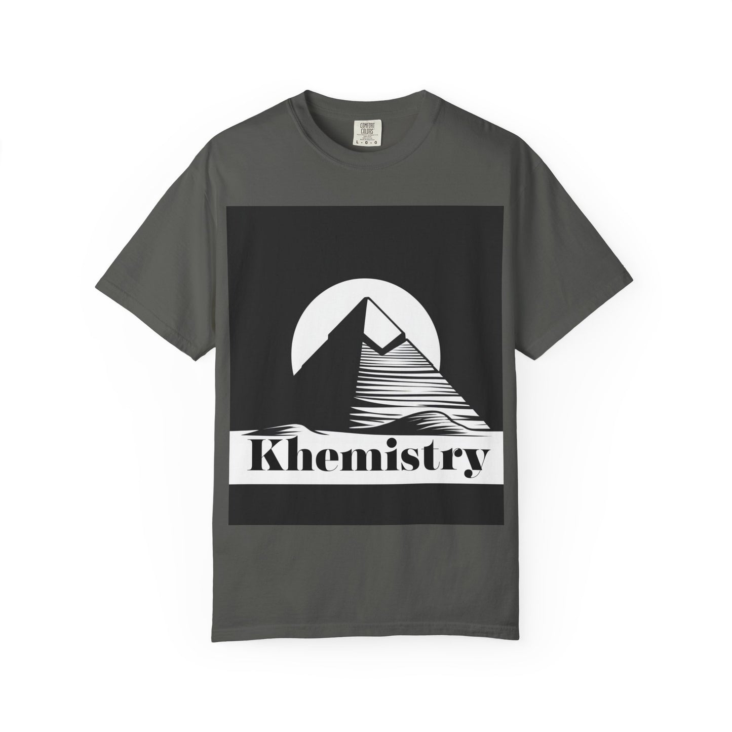 Charcoal Khemistry T-shirt featuring bold spiritual pyramid artwork, crafted for comfort and style in unisex premium cotton wear.