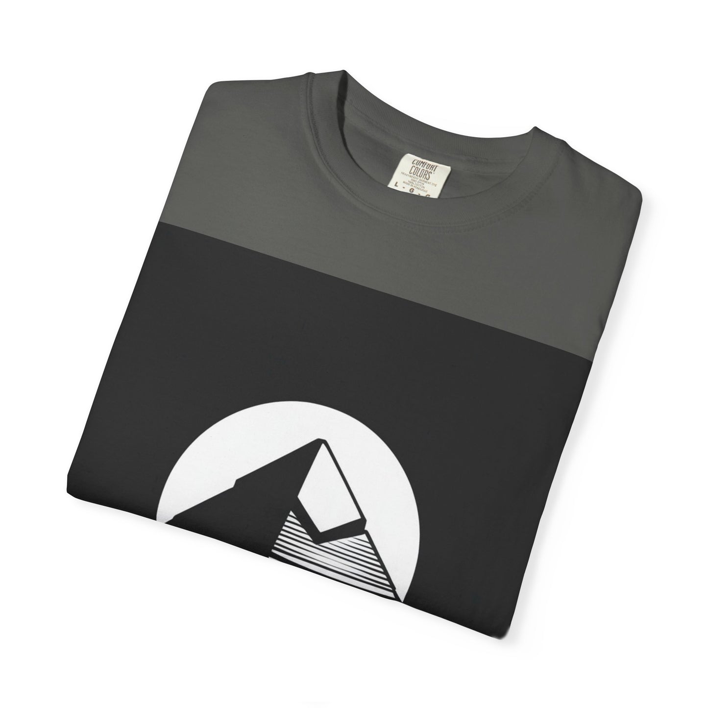 Folded charcoal Khemistry T-shirt with bold spiritual pyramid print, crafted for comfort and oversized streetwear style.