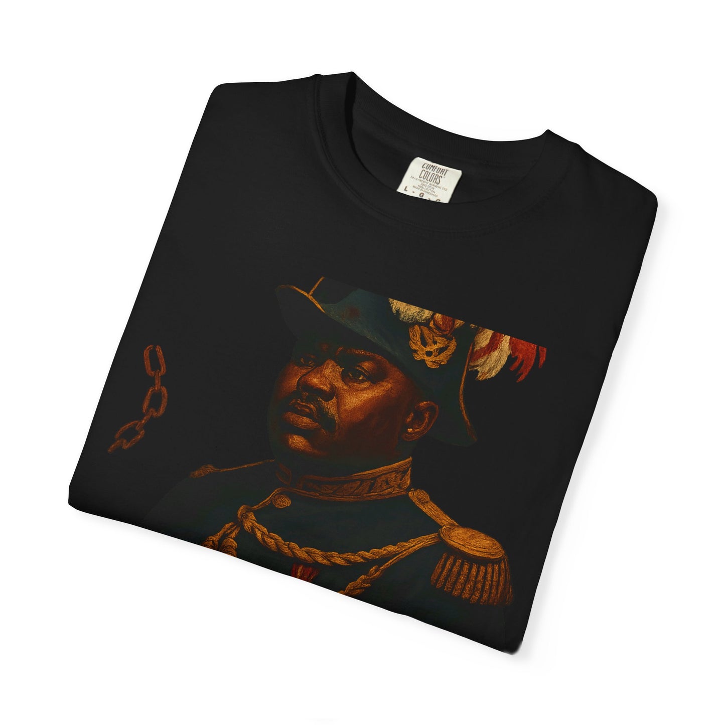Folded black Marcus Garvey Tee with vivid graphic and quote, made from 100% US cotton for durable, inspirational everyday wear.