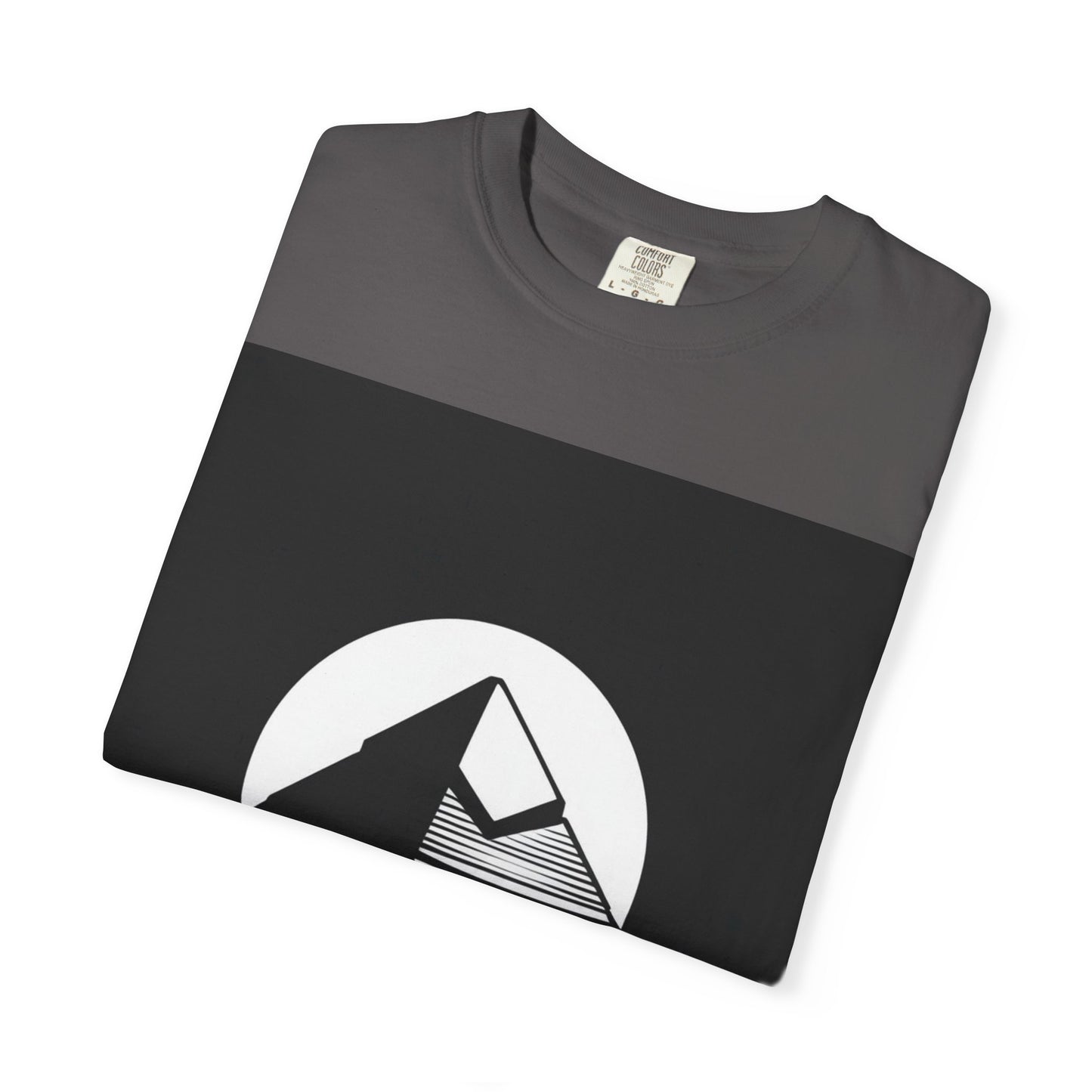 Folded dark gray Khemistry T-shirt with Giza-inspired pyramid design, perfect for premium unisex fashion with spiritual flair.