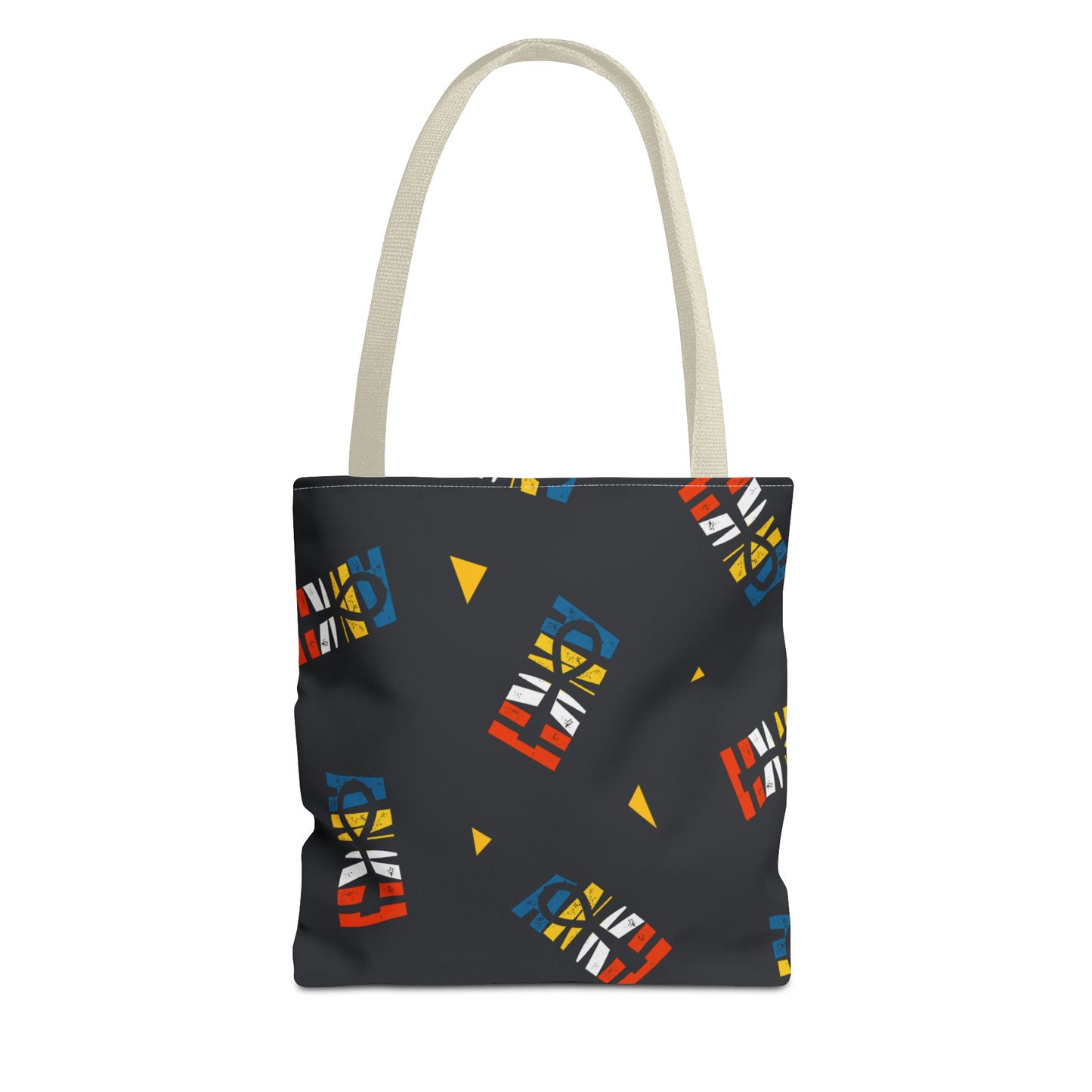 Ankh Life Tote - Vibrant Tote Bag with beige handles and bold Ankh prints in red, blue, and yellow. Stylish and eco-friendly everyday carryall.