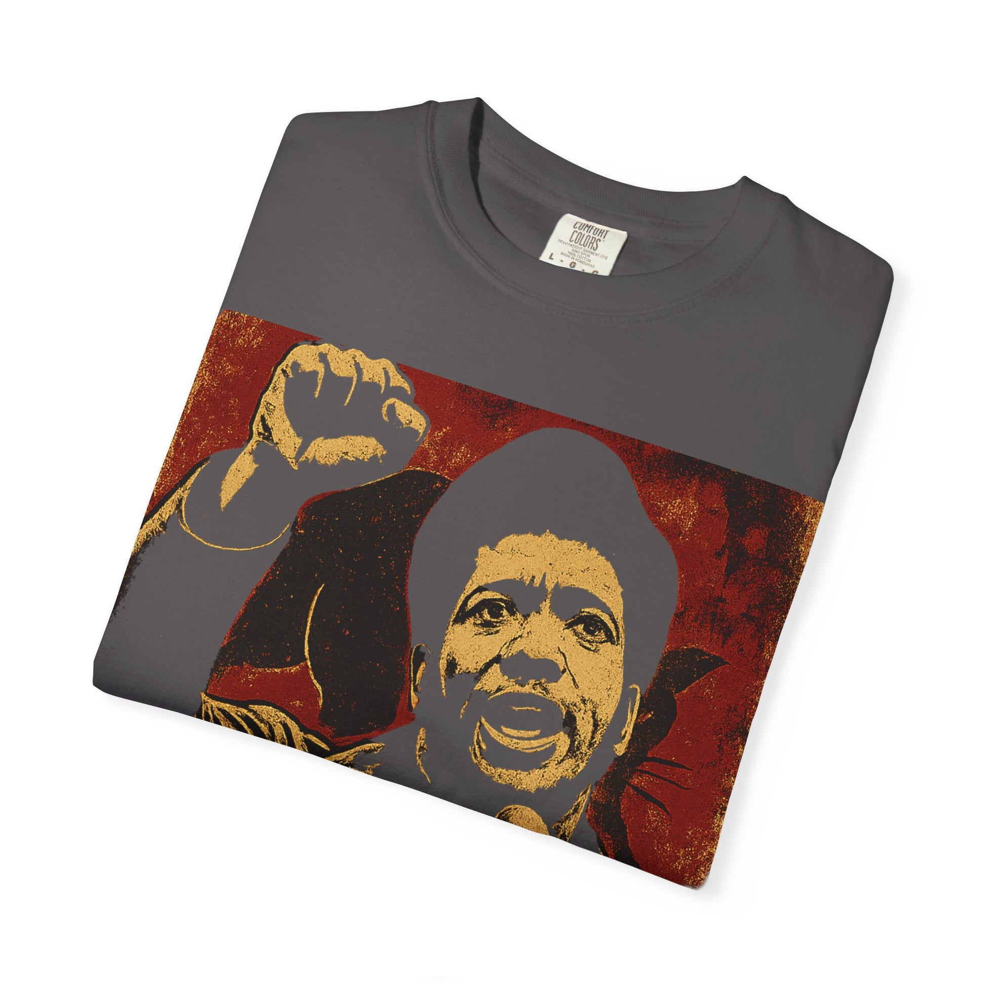 Folded Fred Hampton Tee in charcoal gray showcasing retro graphic and empowering quote, made from soft garment-dyed fabric for everyday comfort.