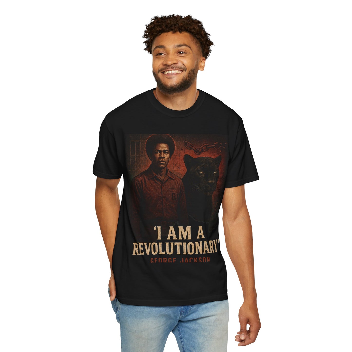 Smiling model in black George Jackson T-Shirt featuring bold activist graphic and statement text. Ideal for everyday wear and social justice support.