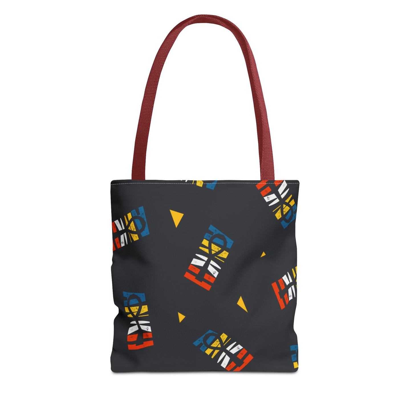 Ankh Life Tote - Vibrant Tote Bag featuring red handles and multicolor Ankh motifs on dark fabric. Ideal for errands, beach, or gifting.