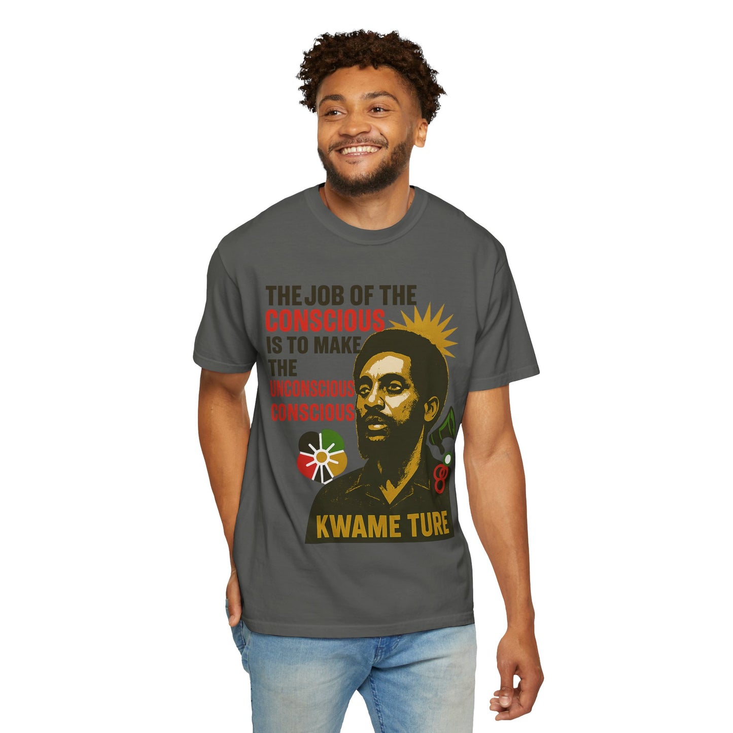 Model in charcoal gray Kwame Ture Tee, featuring a vibrant graphic and quote, perfect for activism wear and hip hop fashion.