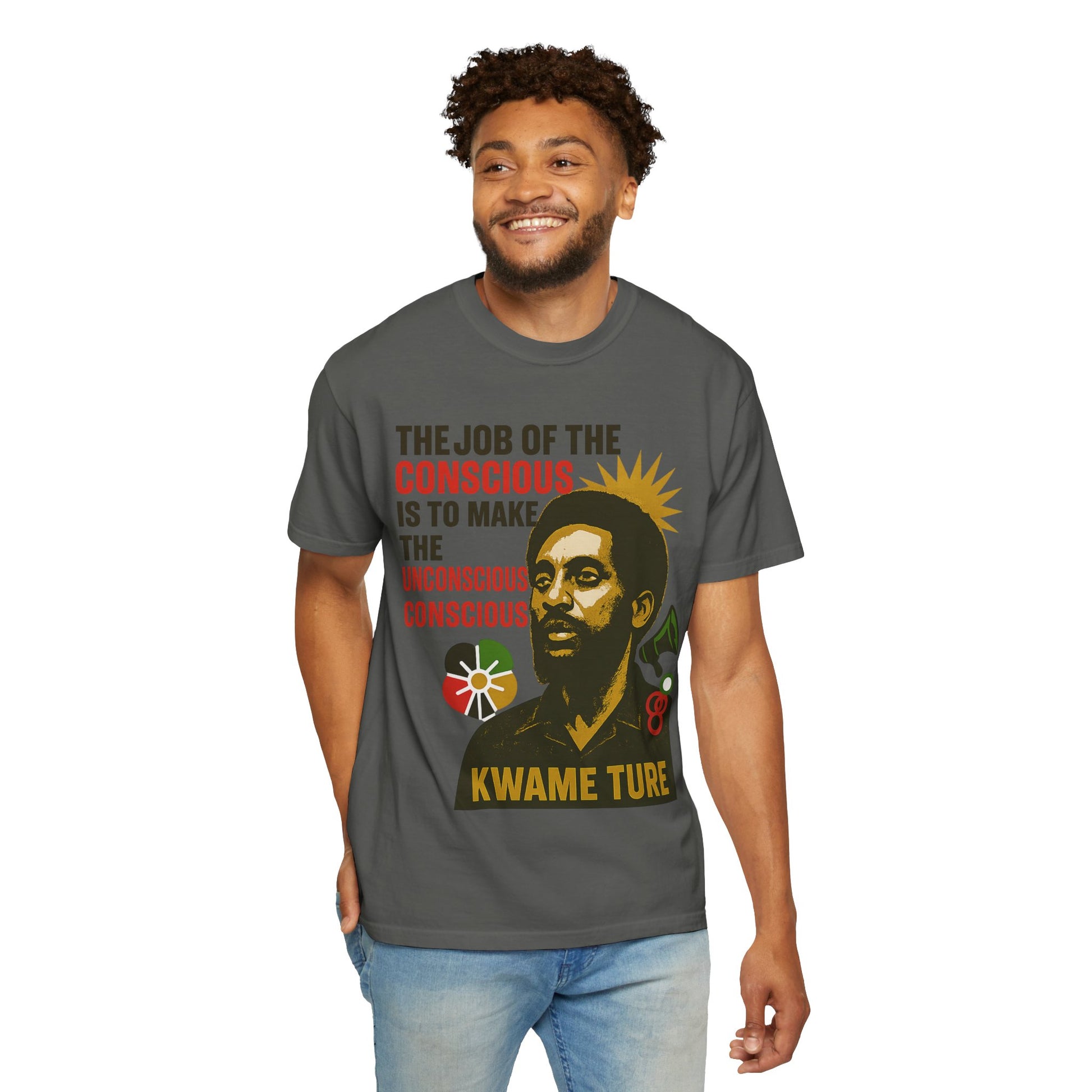 Model in charcoal gray Kwame Ture Tee, featuring a vibrant graphic and quote, perfect for activism wear and hip hop fashion.