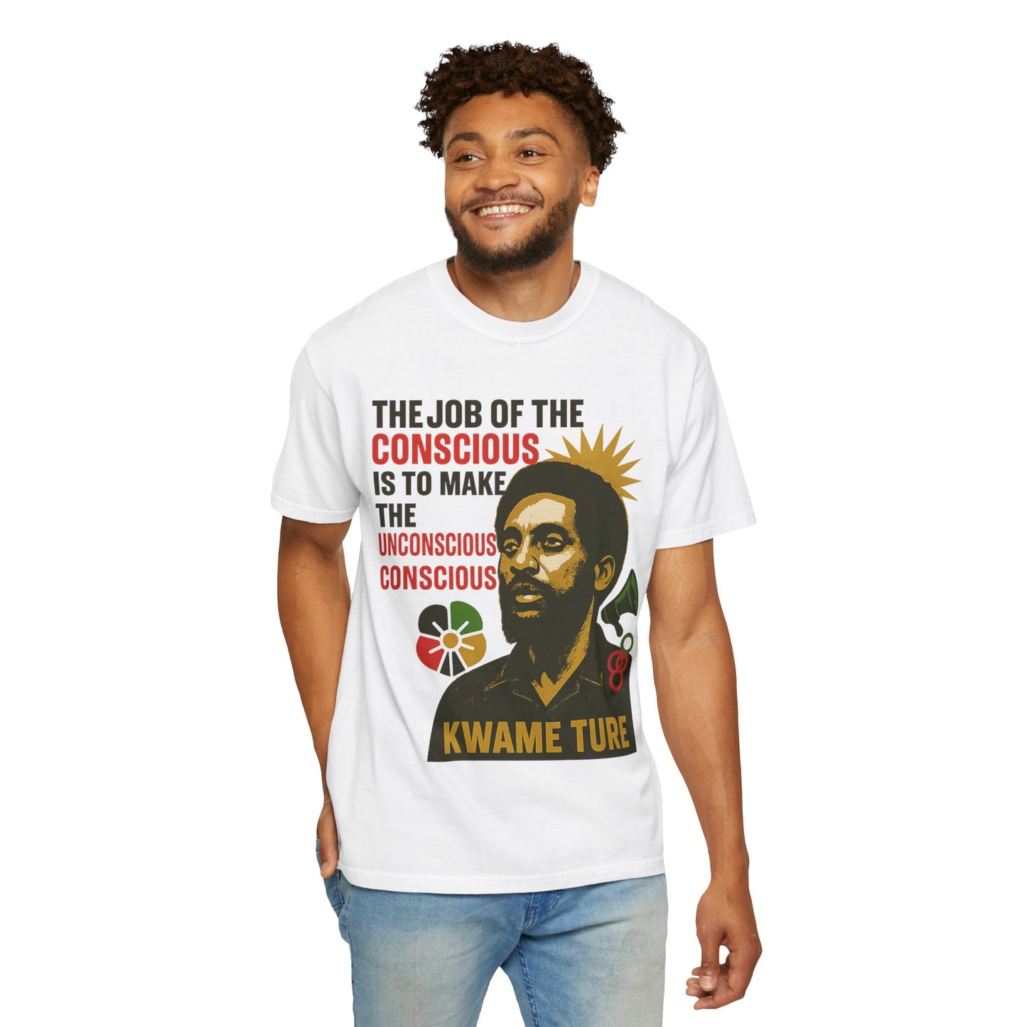 Model wearing white Kwame Ture Tee, styled for casual comfort with bold activist message and unisex fit in sizes S-4XL.