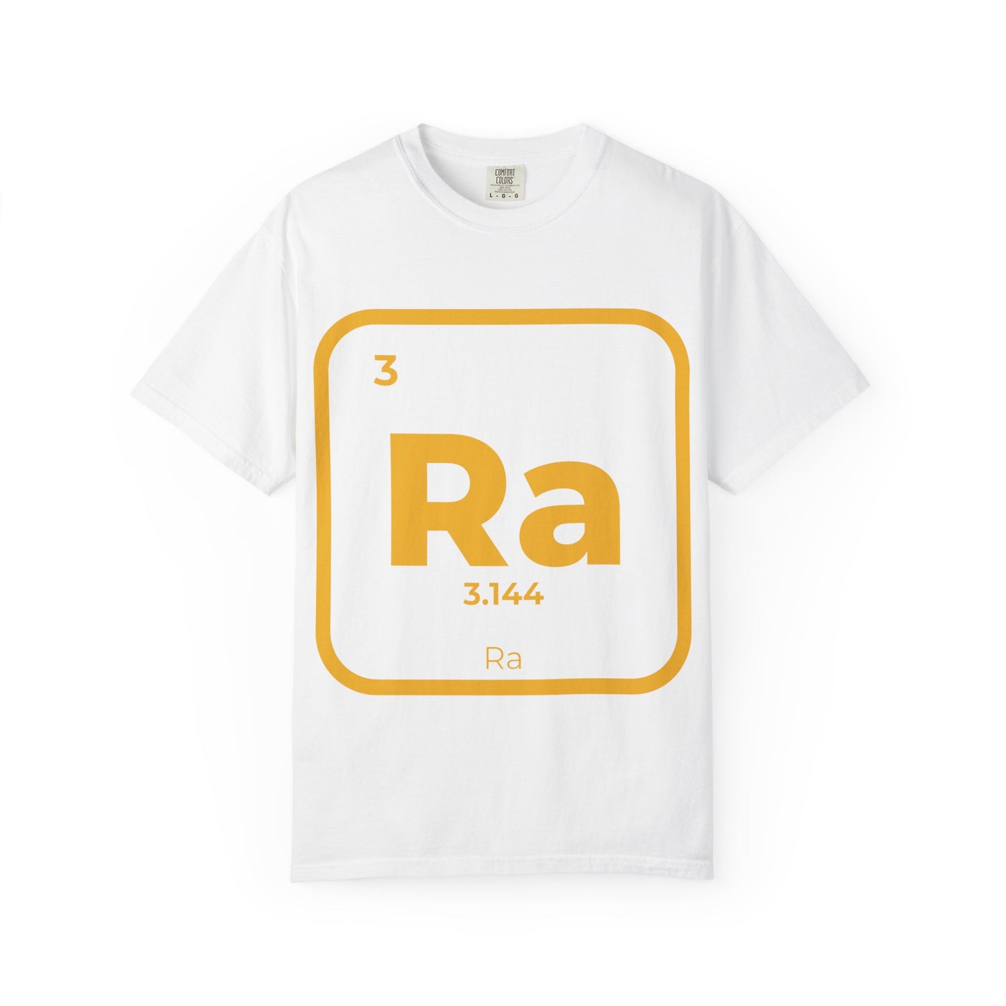 White Ra Element T-Shirt with golden Kemetic element graphic. Ethically made 100% cotton tee ideal for music lovers and summer festivals.