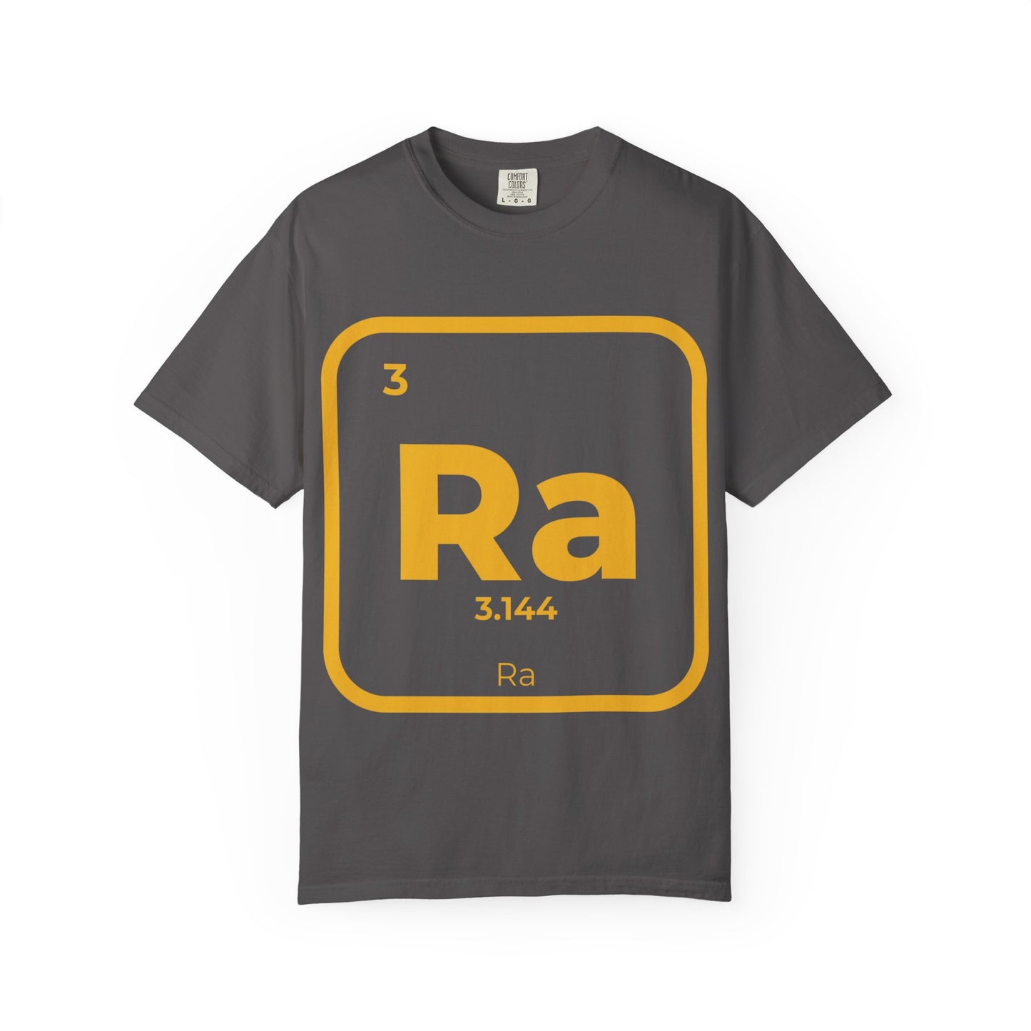 Ra Element T-Shirt in charcoal gray featuring bold yellow Kemetic element design with 'Ra' symbol. 100% cotton unisex tee for casual summer wear.