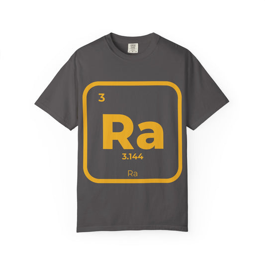 Ra Element T-Shirt in charcoal gray featuring bold yellow Kemetic element design with 'Ra' symbol. 100% cotton unisex tee for casual summer wear.