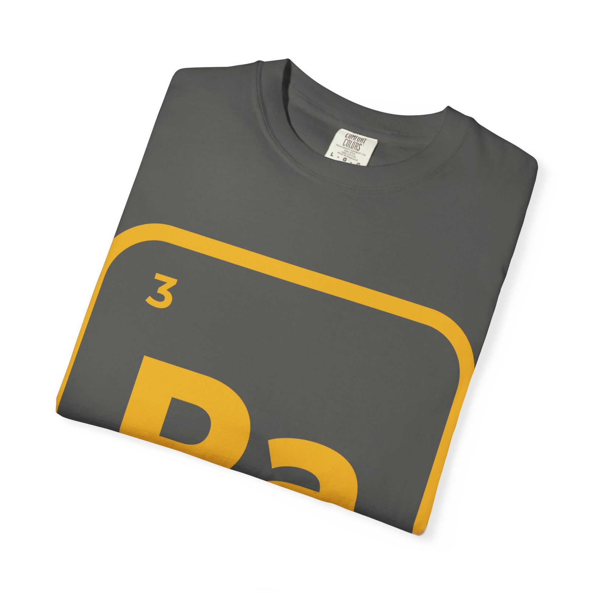Folded charcoal Ra Element T-Shirt with yellow Kemetic symbol. Stylish cotton tee for music lovers and unique gift ideas.