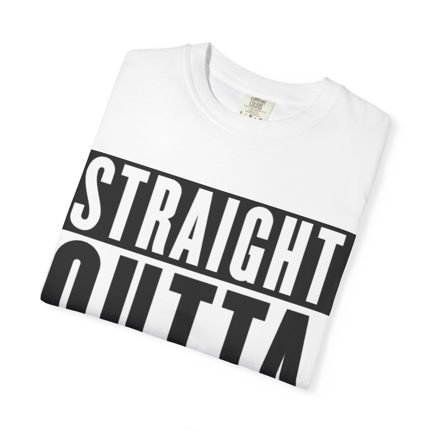 Folded white Straight Outta Self-Reflection Tee highlighting bold front print, a durable and stylish gift for friends or him.