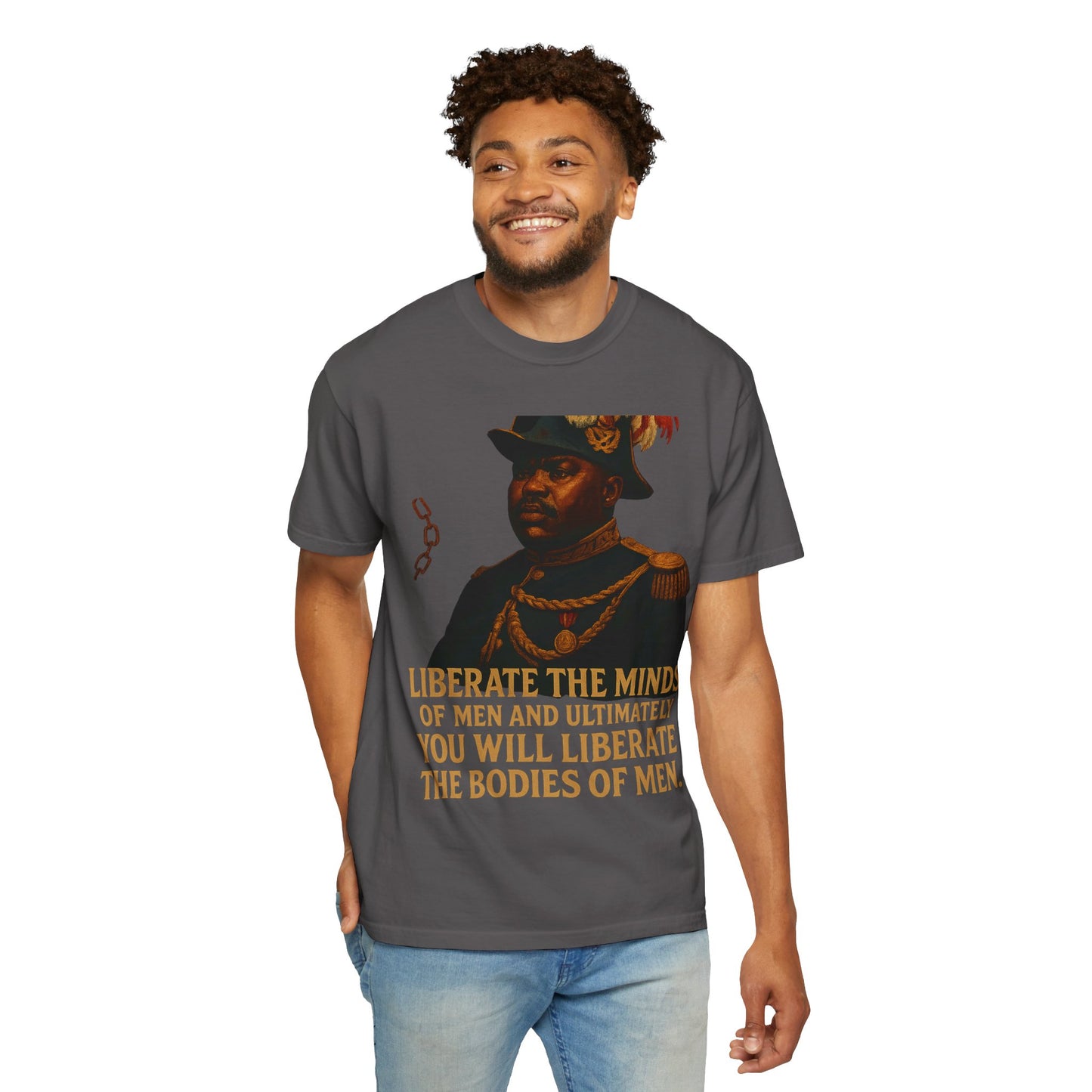Model wearing charcoal Marcus Garvey Tee - Unisex Garment-Dyed T-shirt, showcasing bold design and comfortable fit for casual empowerment fashion.