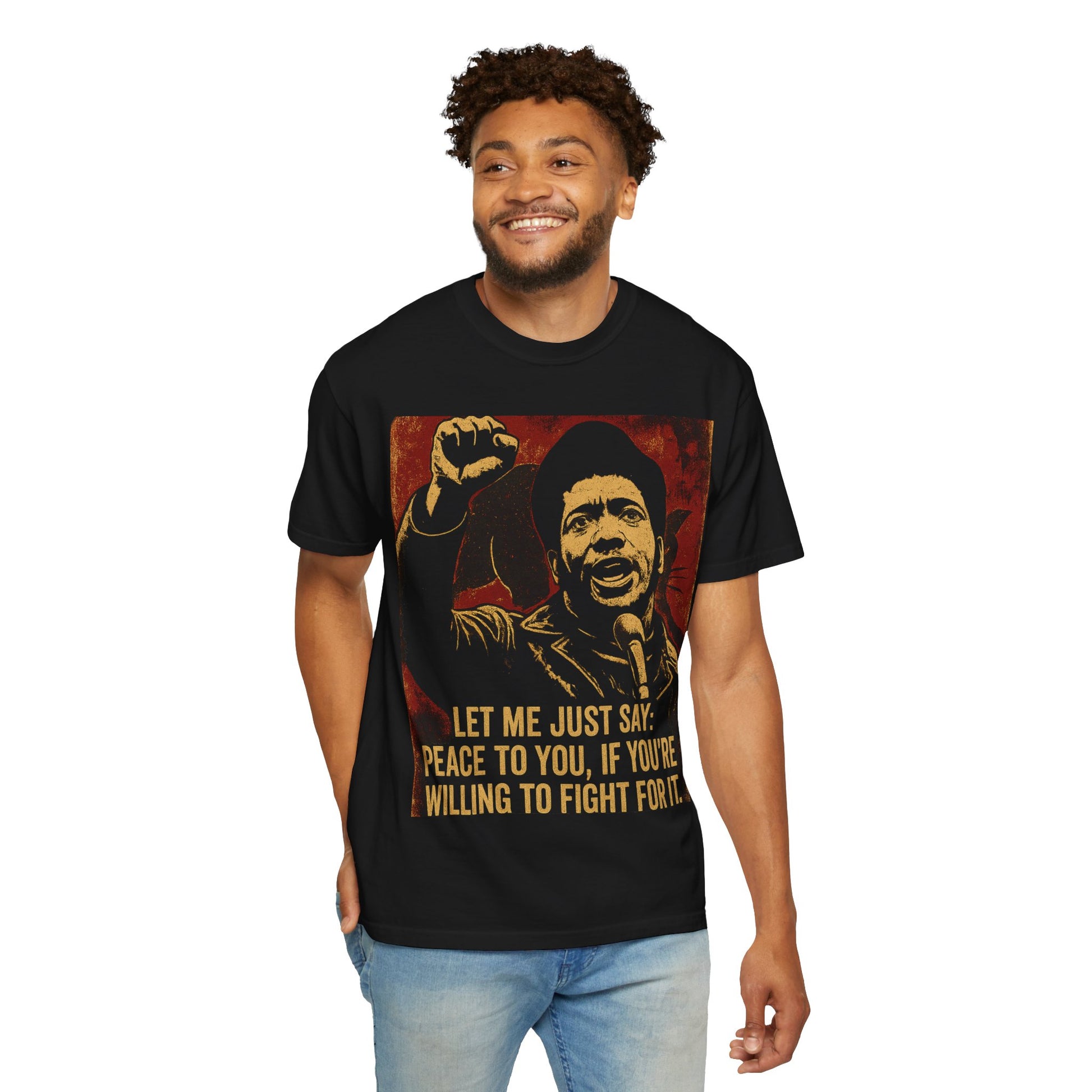 Model wearing Fred Hampton Tee in black, a unique unisex graphic T-shirt ideal for vintage style and social justice expression in casual wear.