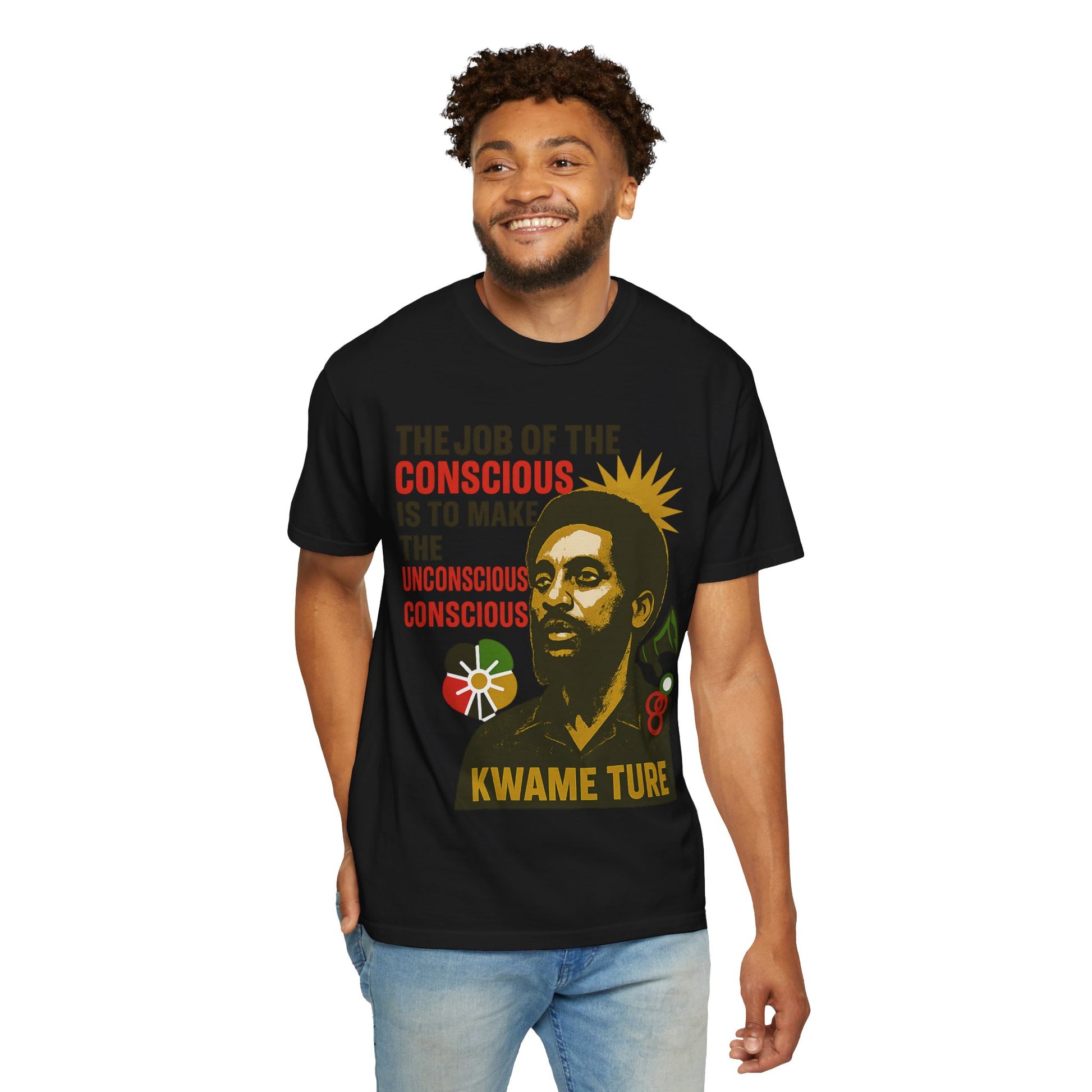 Model wearing black Kwame Ture Tee, combining cultural pride and fashion with a bold statement print in a relaxed fit.