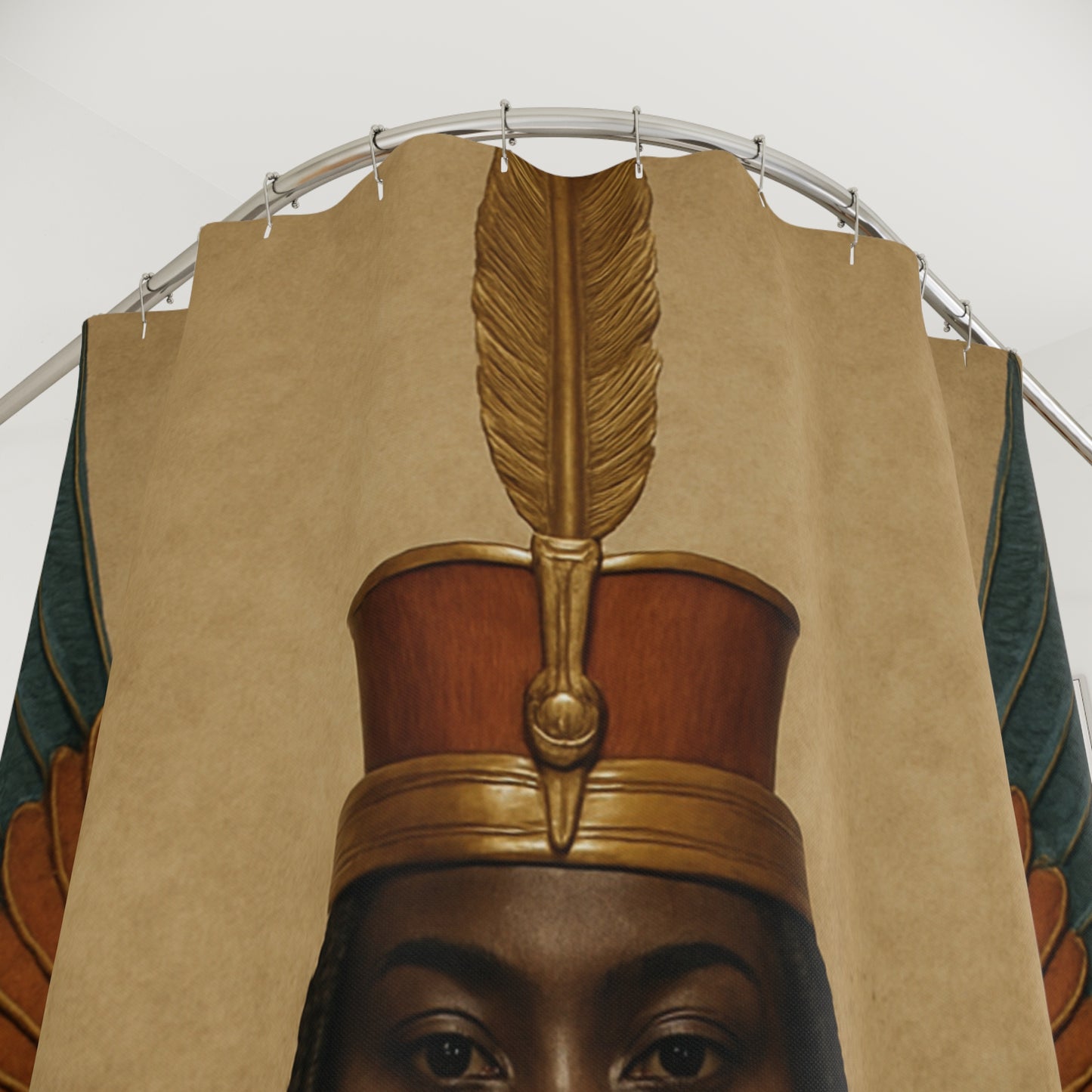 Close-up of Ma'at Shower Curtain showing intricate feather and crown details, ideal for adding cultural elegance to modern bathroom decor.