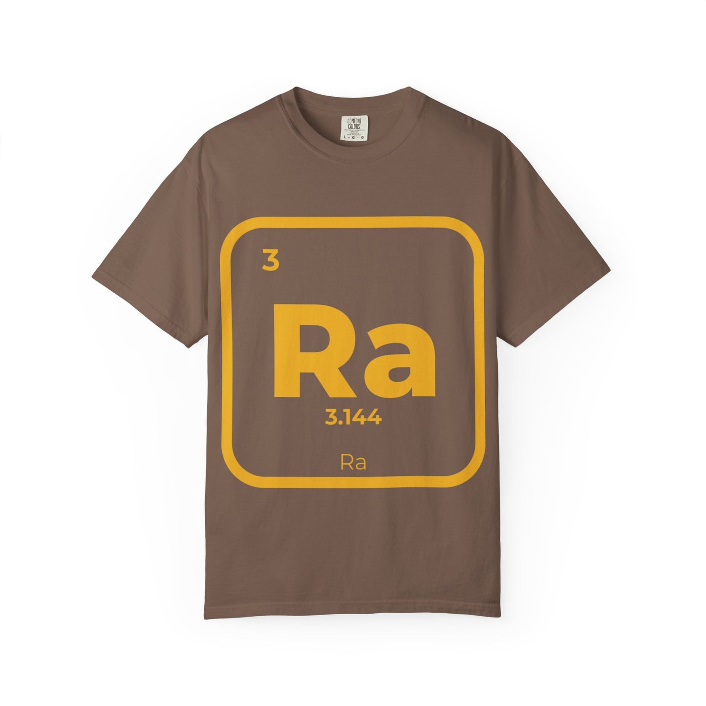 Brown Ra Element T-Shirt with golden Kemetic design. Unique unisex cotton tee ideal for music-themed gifts and summer festival wear.