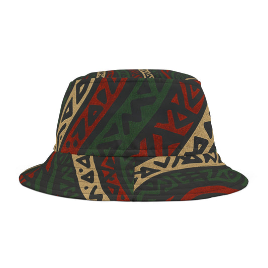 ATCQ Bucket Hat in tribal-inspired red, green, and beige print. Made from 100% polyester, ideal for summer streetwear and festival outfits.