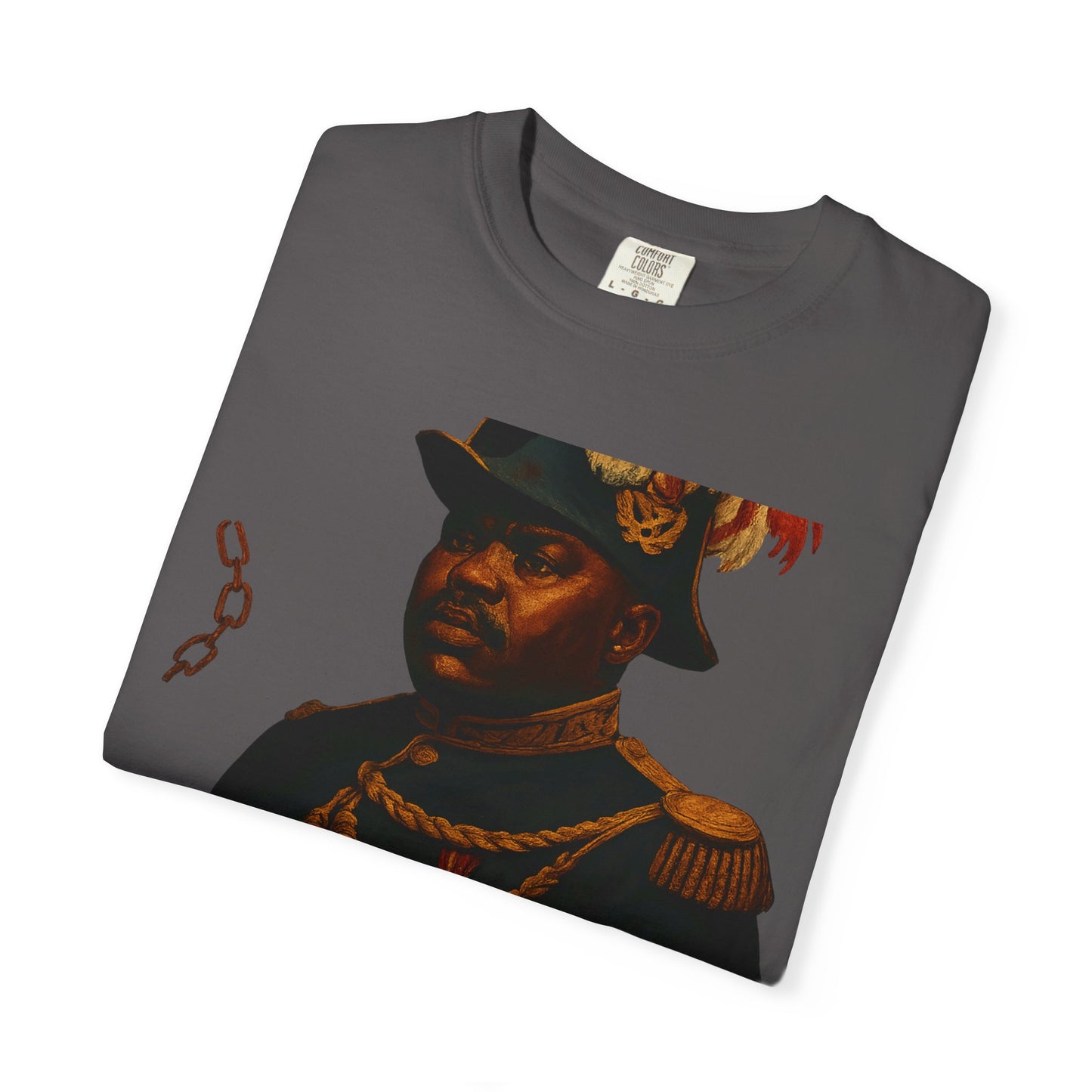 Folded Marcus Garvey Tee in charcoal showing detailed graphic and quote, crafted from soft garment-dyed cotton for unique statement style.
