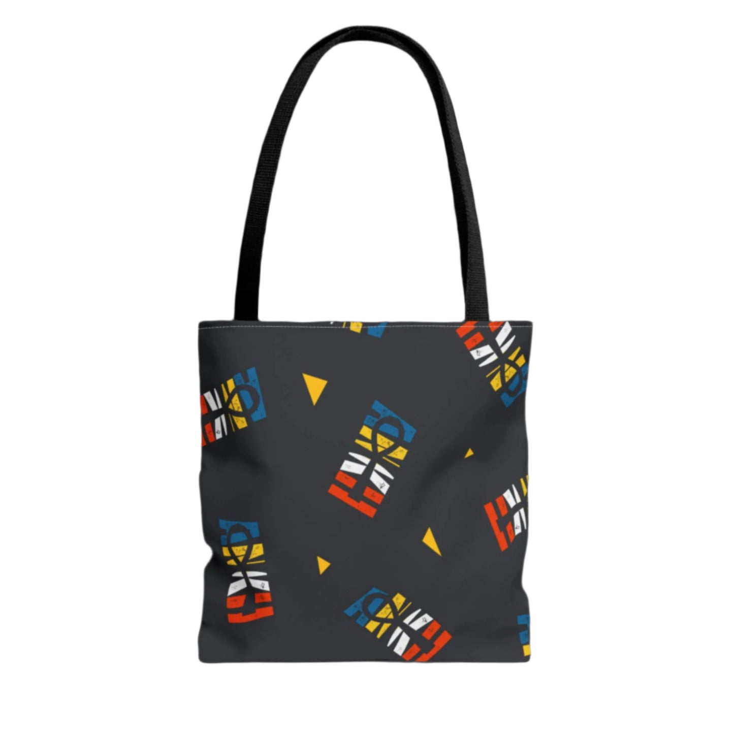 Ankh Life Tote - Vibrant Tote Bag with colorful geometric Ankh patterns on black background, black handles. Durable and stylish for daily use.