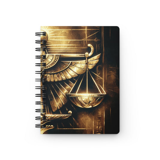 Ma'at Spiral Journal with golden Egyptian winged scale design on a dark background. Spiral bound for durability and creative inspiration.
