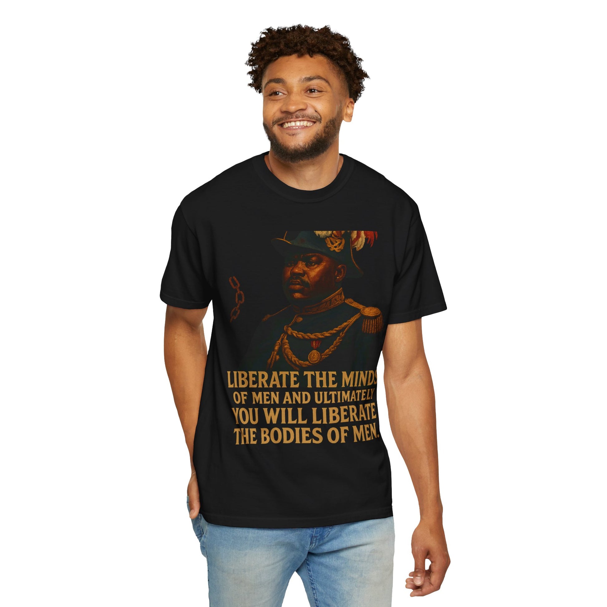 Model in black Marcus Garvey Tee - Unisex Garment-Dyed T-shirt, featuring bold design and soft cotton fabric for stylish motivational apparel.