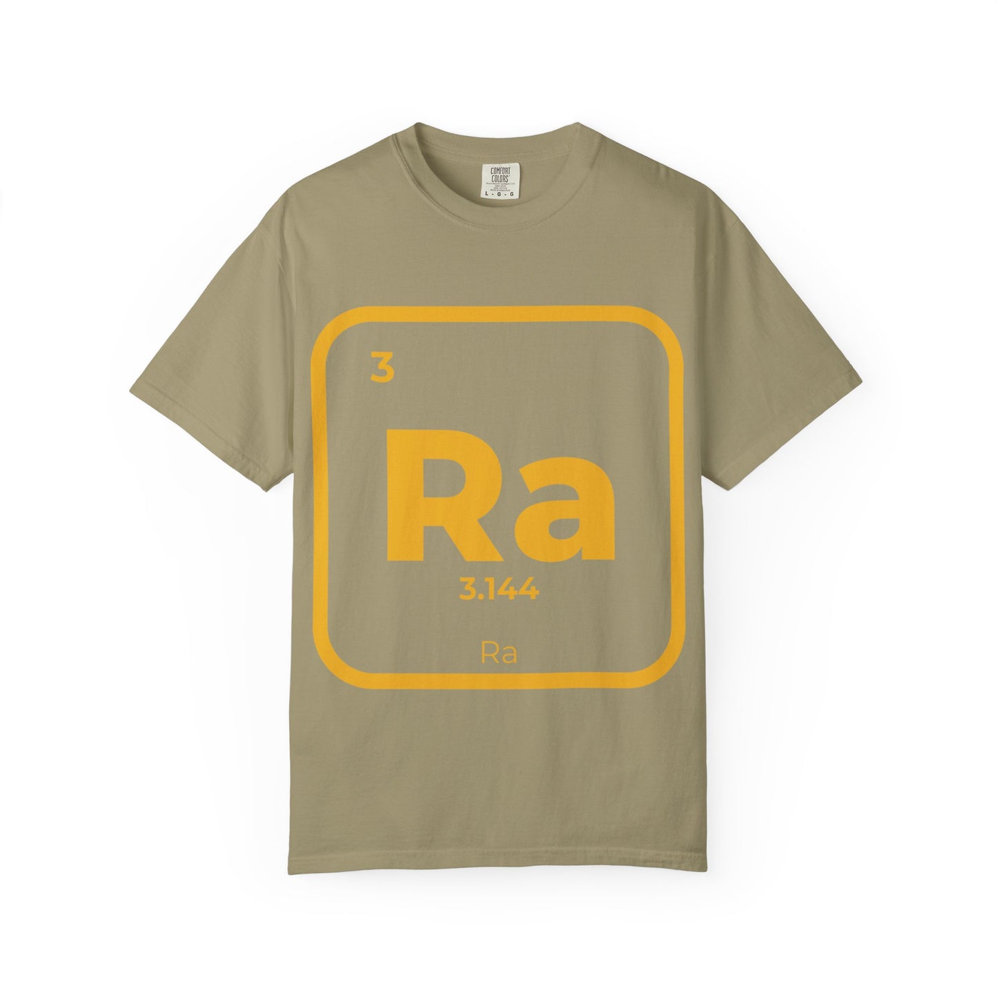 Khaki Ra Element T-Shirt with bold yellow Kemetic symbol. Comfortable unisex cotton tee, great for trendy casual and party outfits.