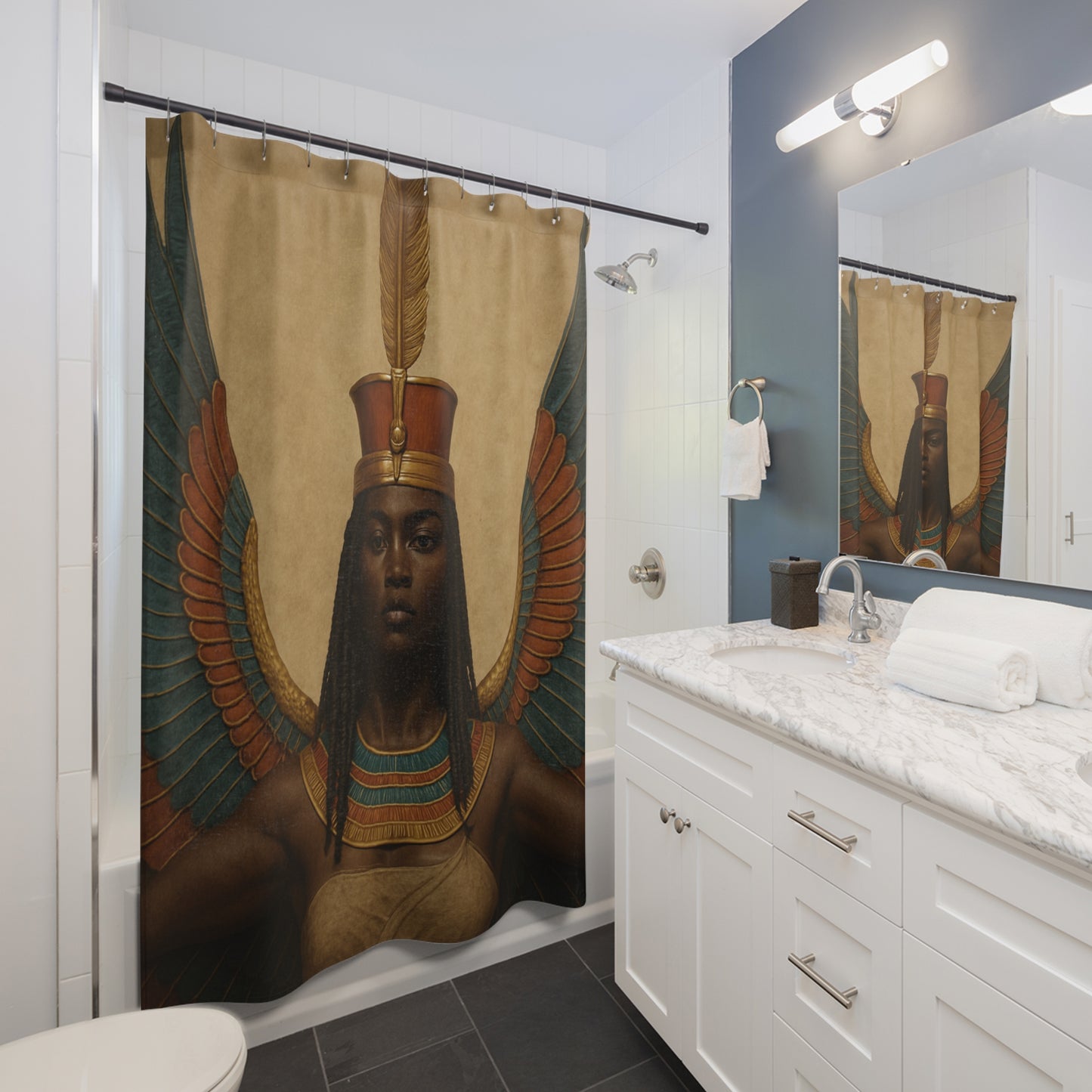 Ma'at Shower Curtain in a contemporary bathroom setting, blending Egyptian art with modern luxury for a stylish and unique bathroom upgrade.