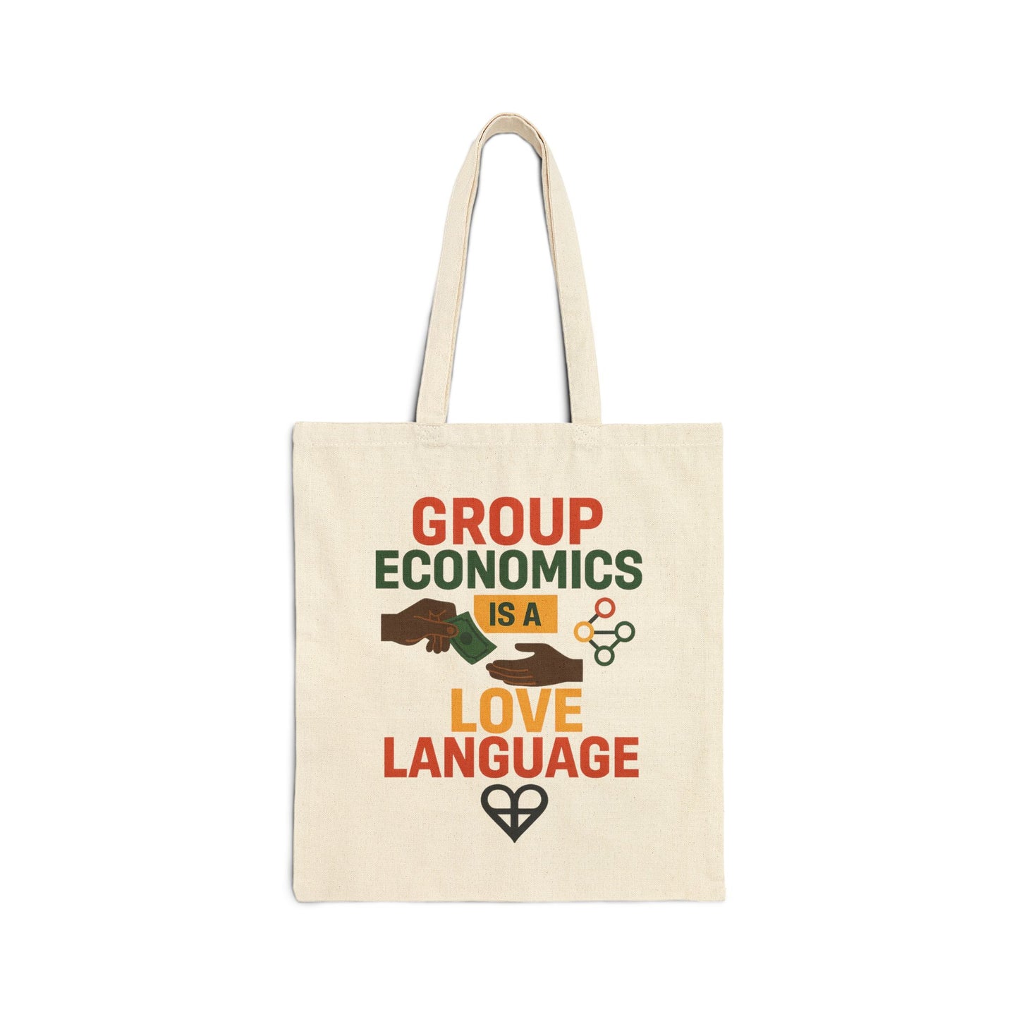 Love Language Tote Bag - Cotton Canvas with 'Group Economics Is a Love Language' print in bold colors, ideal for everyday use and shopping.
